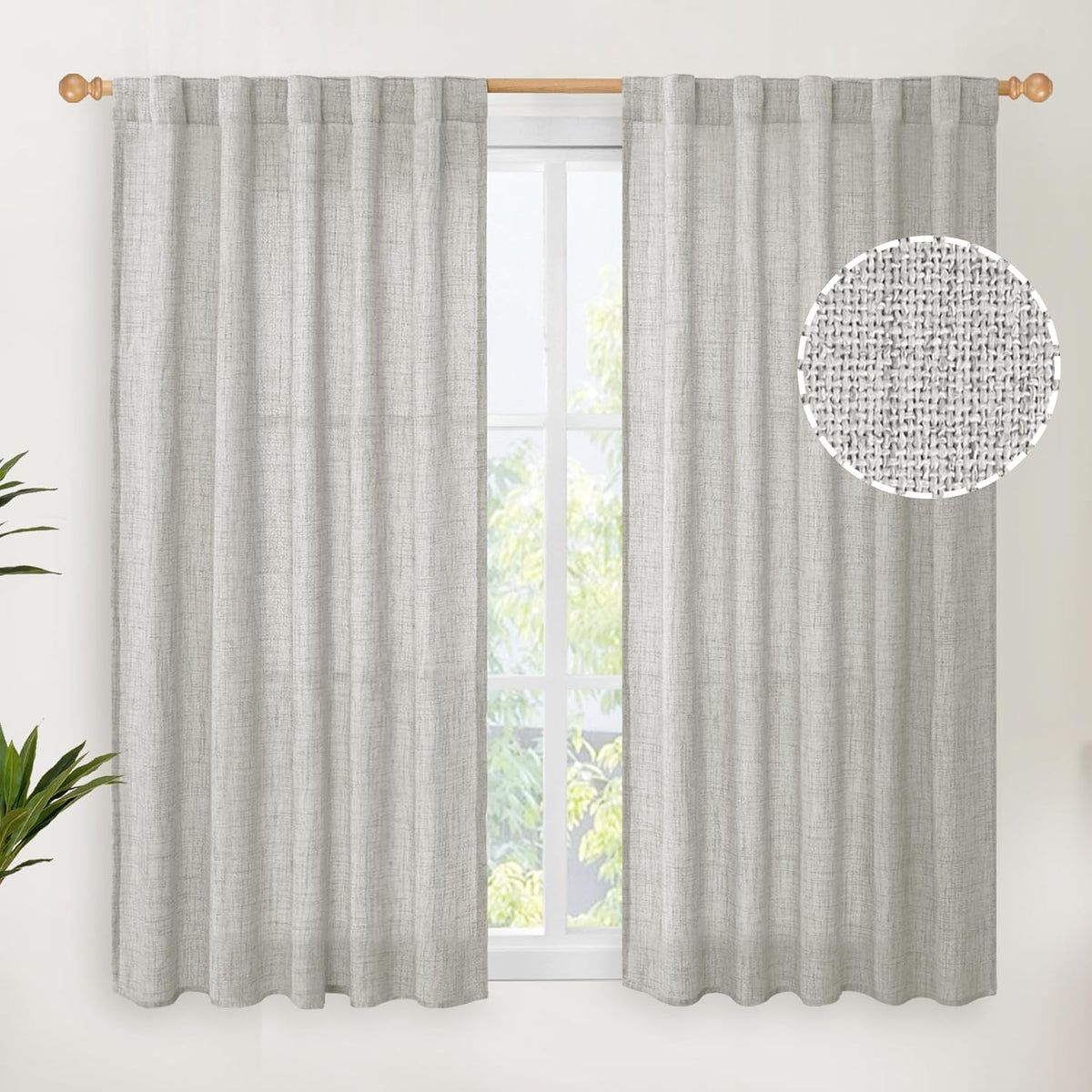 YoungsTex Light Grey Linen Curtains 45 Inch Length for Short Window, Light Filtering Burlap