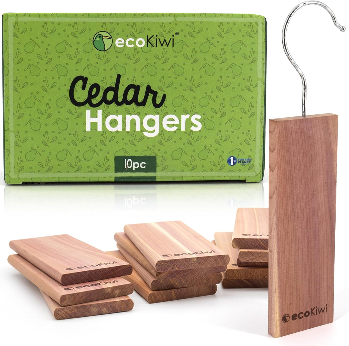 ecoKiwi Cedar Blocks for Clothes Storage - 10 Pack Hang Ups - 100% Natural Aromatic Cedar Planks
