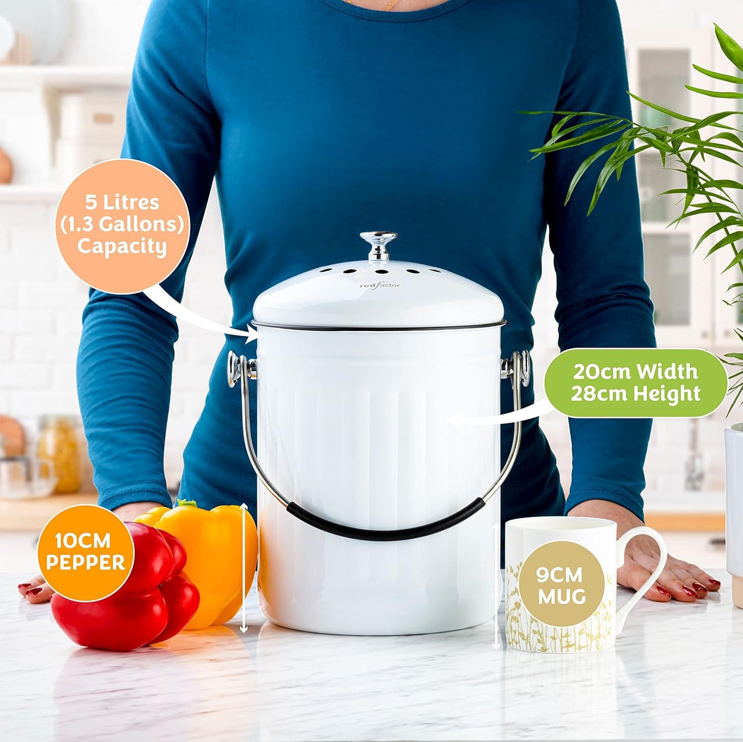 RED FACTOR Premium Compost Bin for Kitchen Countertop - Stainless Steel Food Waste Bucket with