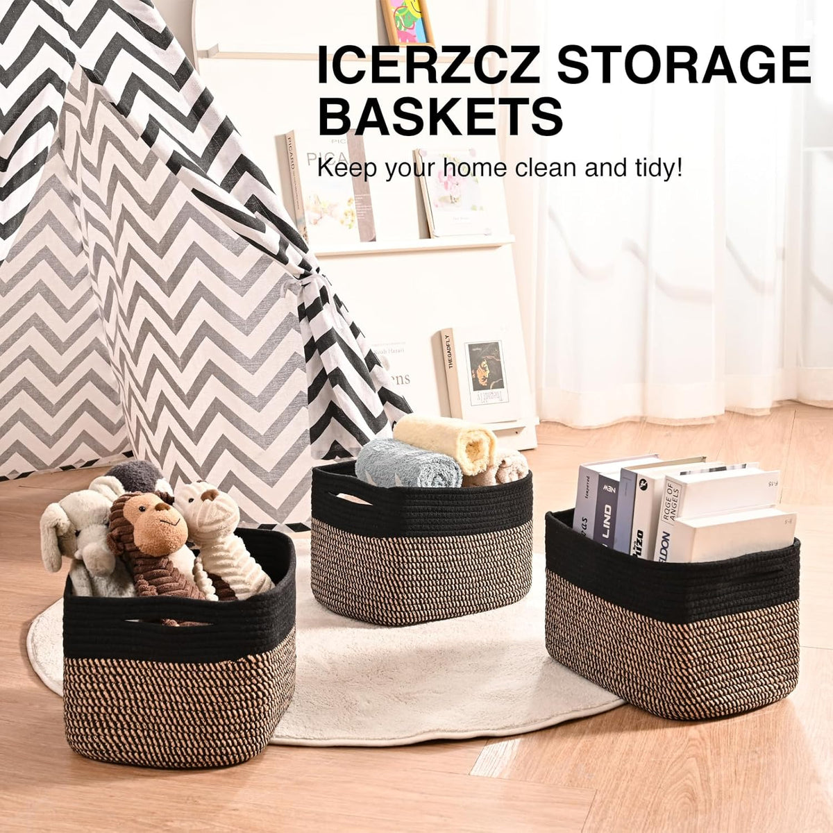 Storage Baskets for Shelves Organizing, Woven Cotton Rope Baskets for Storage, Book Basket