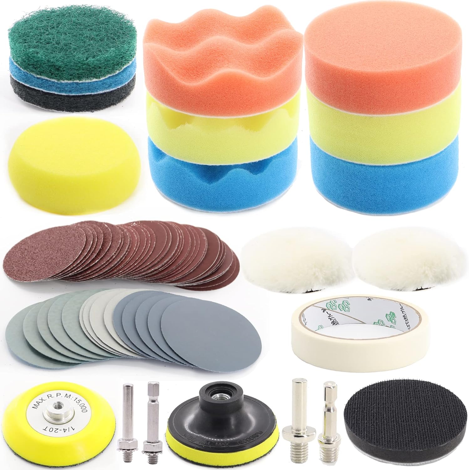 74PCS 3Inch Car Headlight Restoration and Polishing Kit, Sanding Discs with 1/4" and M10 Backing