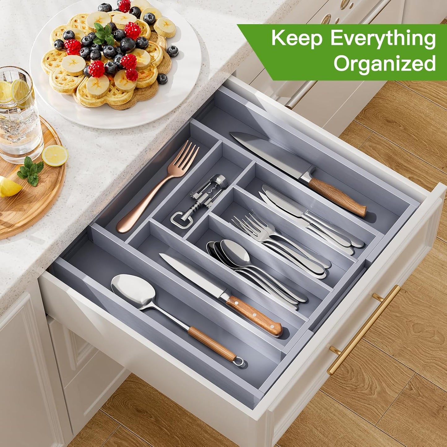 Pipishell Bamboo Expandable Drawer Organizer for Utensils Holder, Adjustable Cutlery Tray, Wood