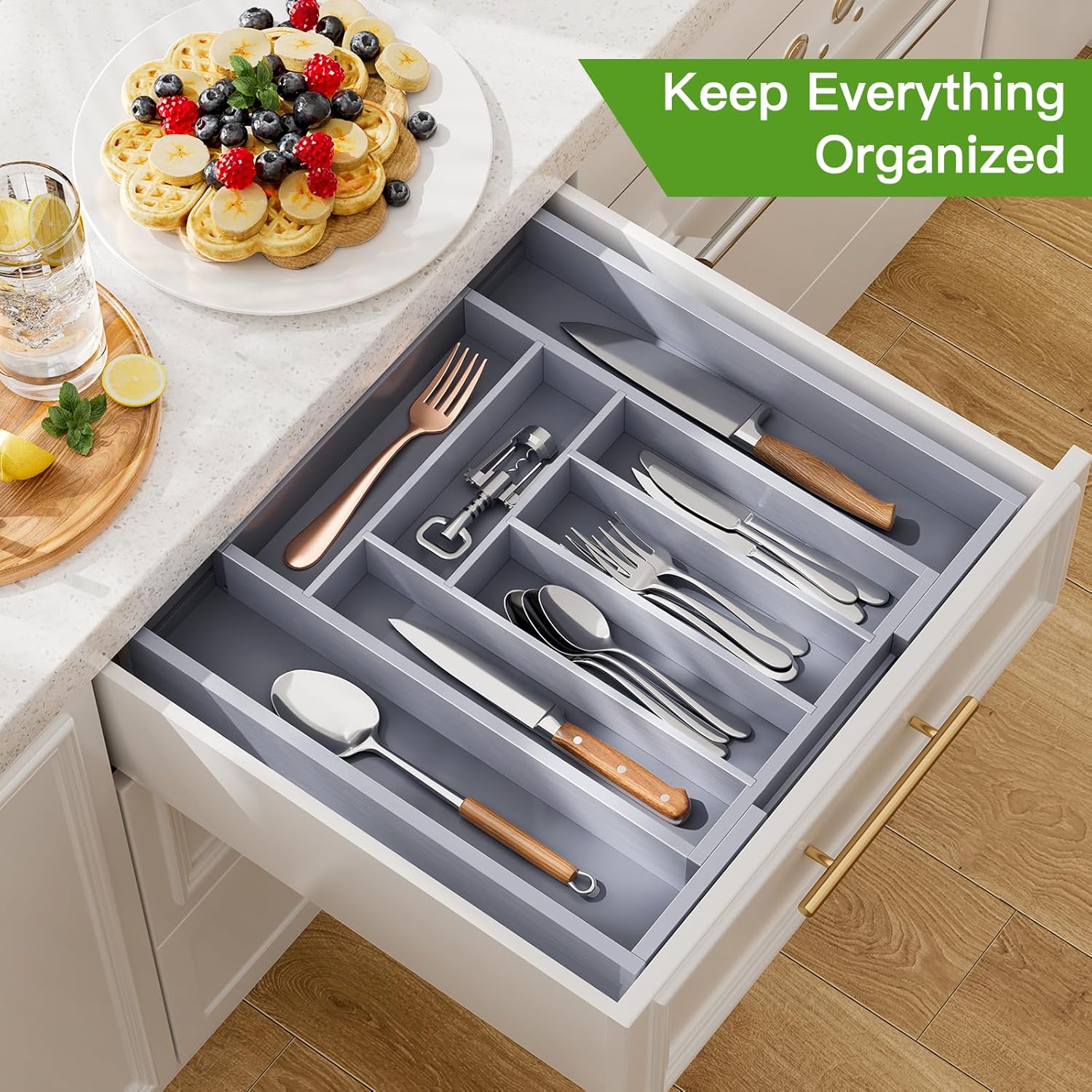 Pipishell Bamboo Expandable Drawer Organizer for Utensils Holder, Adjustable Cutlery Tray, Wood
