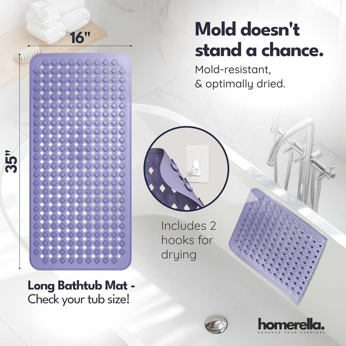 homerella® Bathtub Mat Non Slip 35x16, Incl. Hooks for Drying, Extra Long, 100% BPA Free, Shower