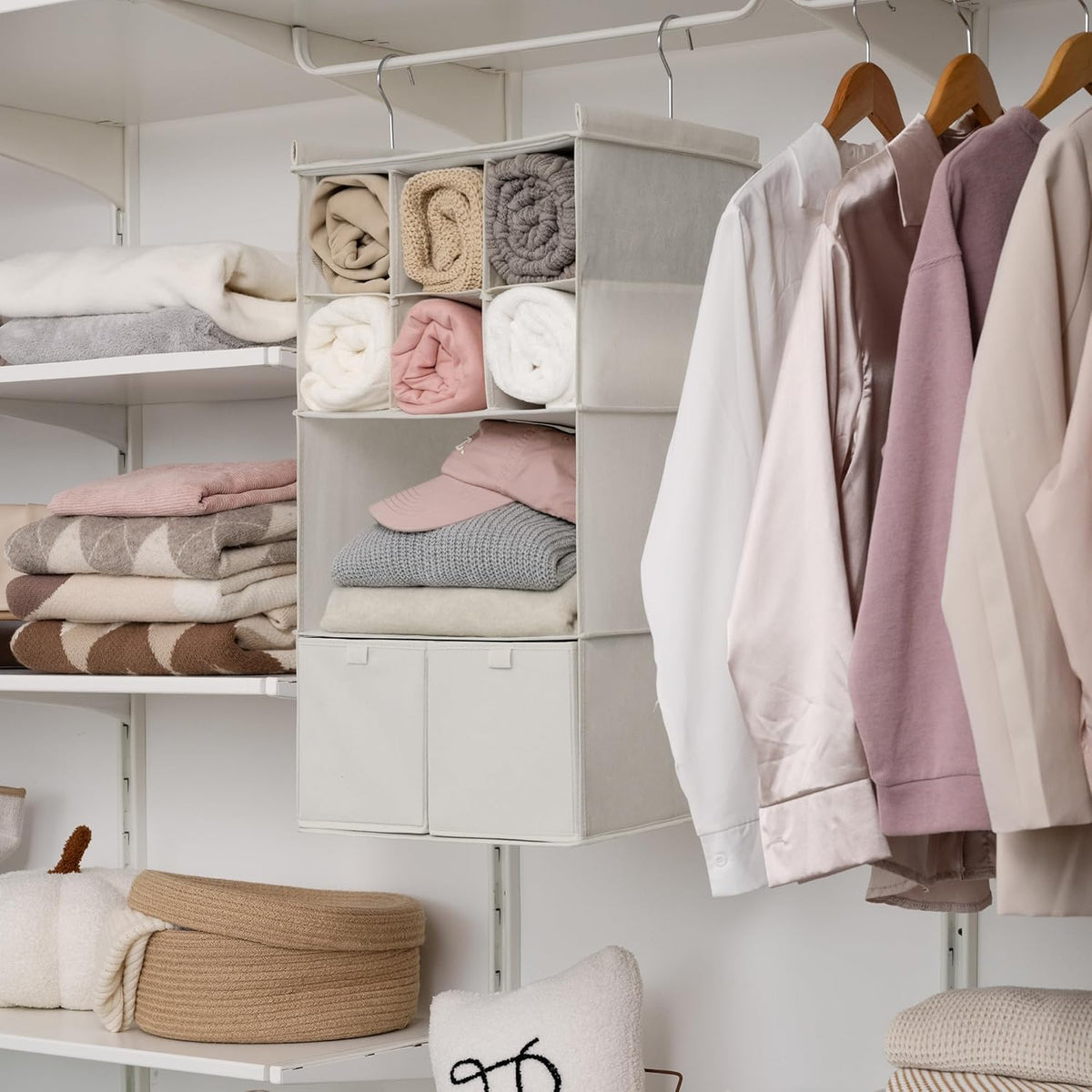 GRANNY SAYS Hanging Closet Organizer with Drawers, 4 Shelf Dividers Closet Hanging Organizer