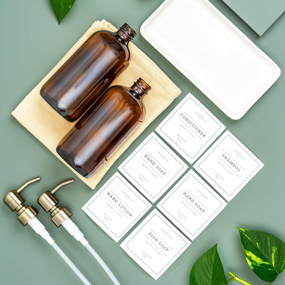 Vine Creations Amber Glass Soap Dispenser, 2 Pack Kitchen Soap Dispenser Set with Ceramic Tray