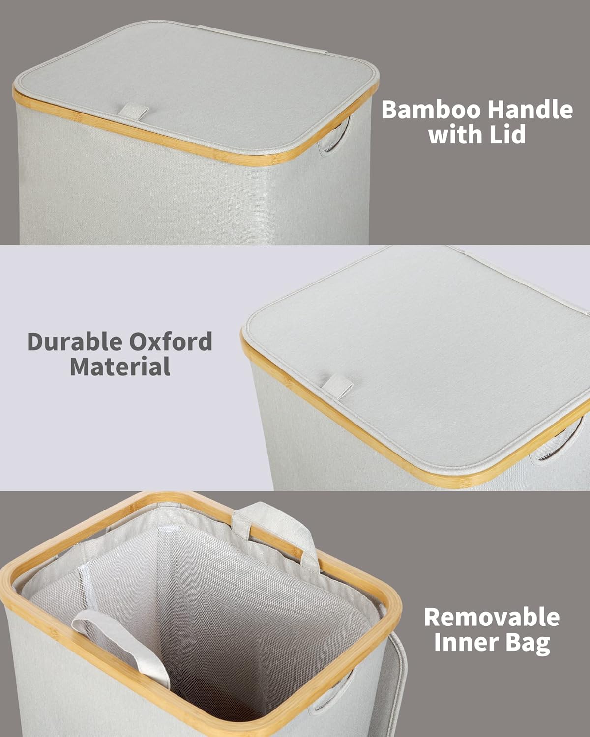efluky Laundry Basket with Lid and Removable Bag, 100L Tall Laundry Hamper with Bamboo Handles