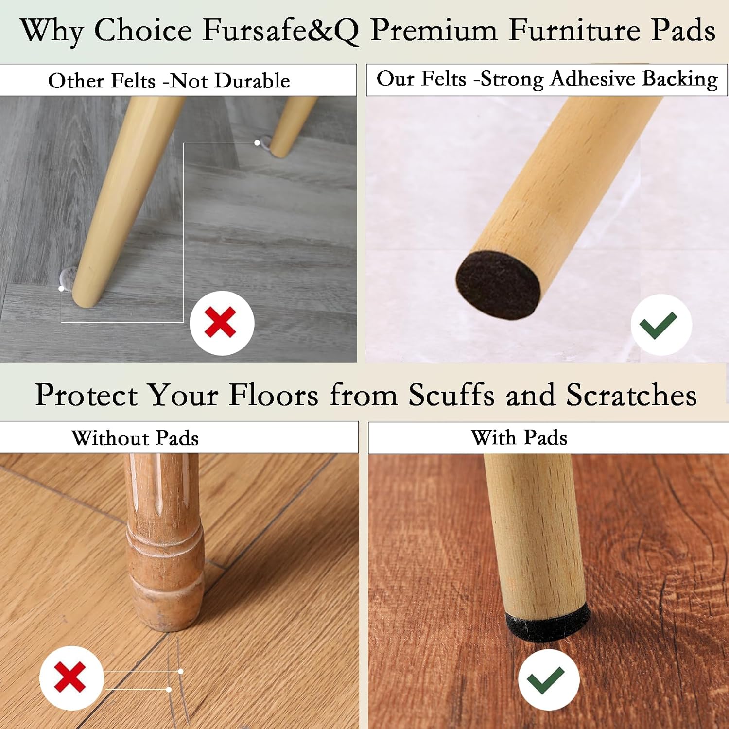 Fursafe&Q Felt Furniture Pads for Hardwood Floors -Self Adhesive Felt Chair Leg Pads，Furniture Feet