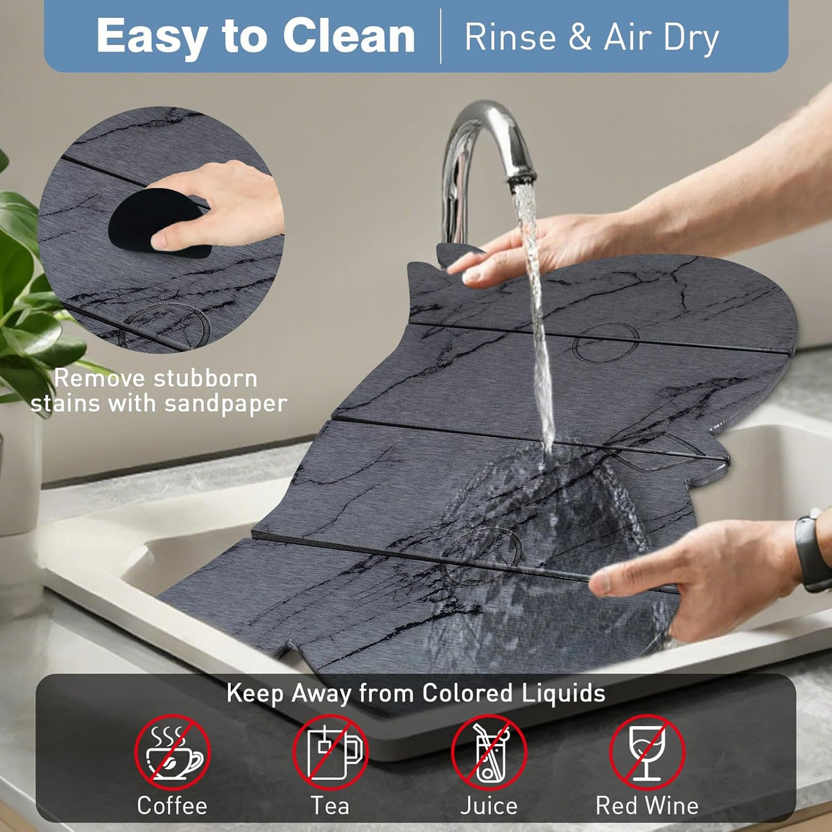 Large Stone Dish Drying Mat for Kitchen Counter,24"(L)×16"(W) Quick Dry Absorbent Diatomaceous