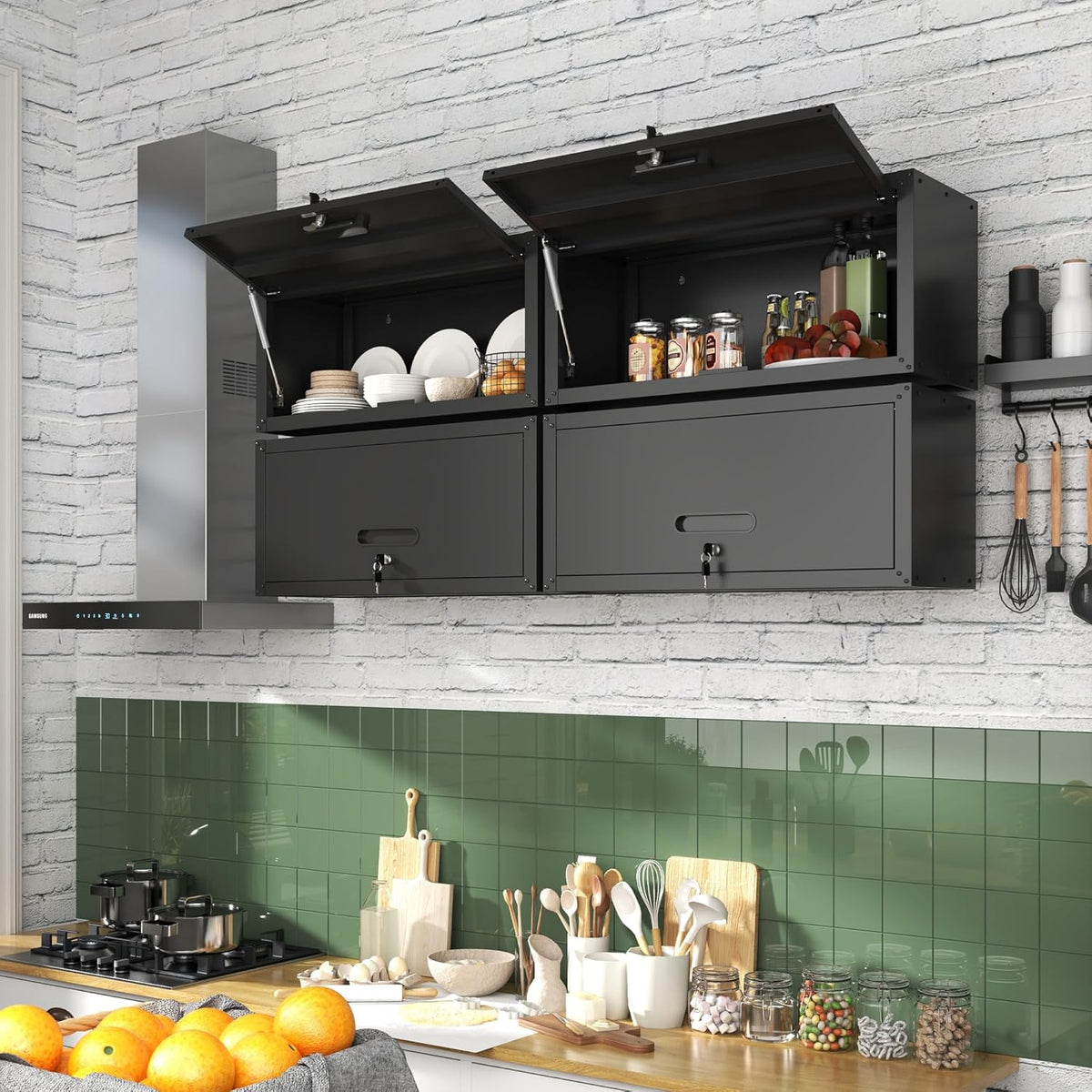 Garage Wall Cabinet with Flip-Up Door, Lockable Metal Storage Cabinet Wall Mounted, Hanging Tool