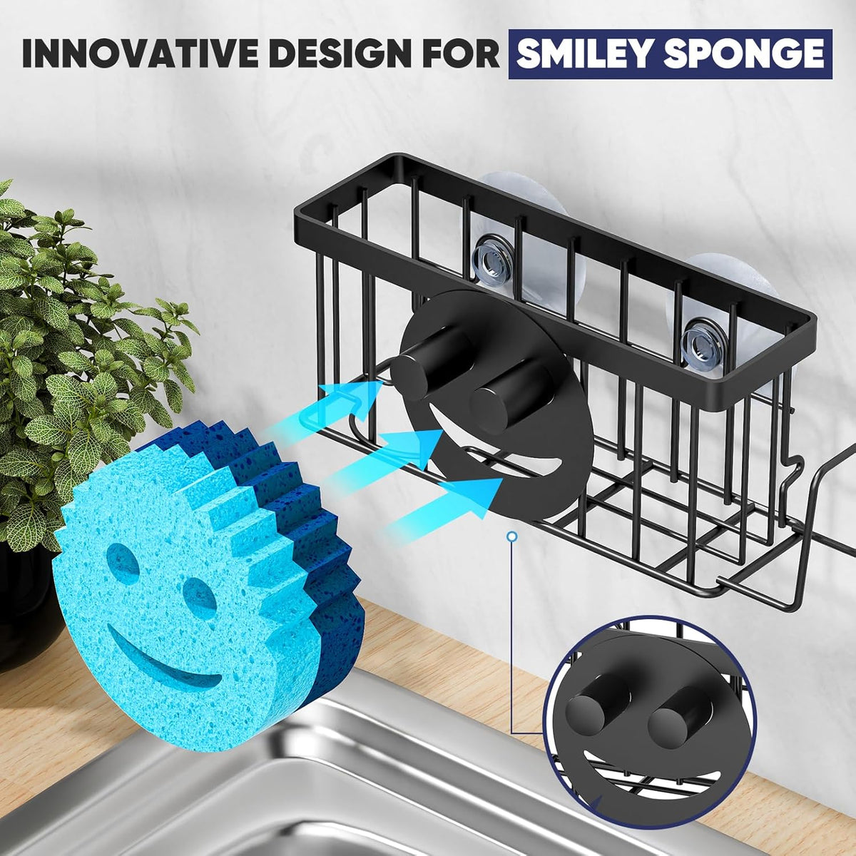 Sponge Holder for Kitchen Sink,Sink Caddy Smiley Face,4-in-1 Sponge Holder with Suction Cups & 1