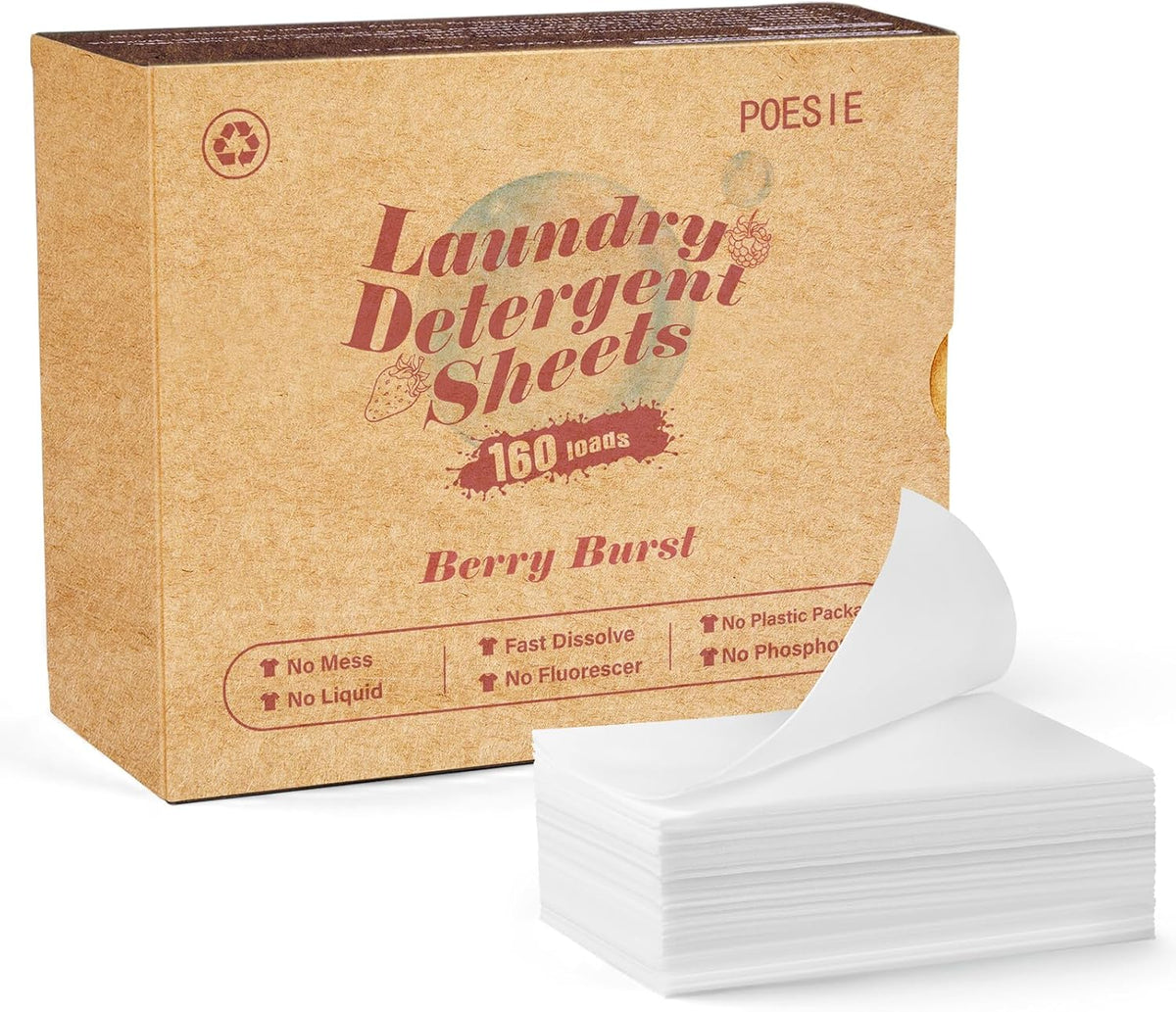 Poesie Laundry Detergent Sheet Berry Burst Scent 160 Sheets No Plastic Jugs No Messy Liquid Powder