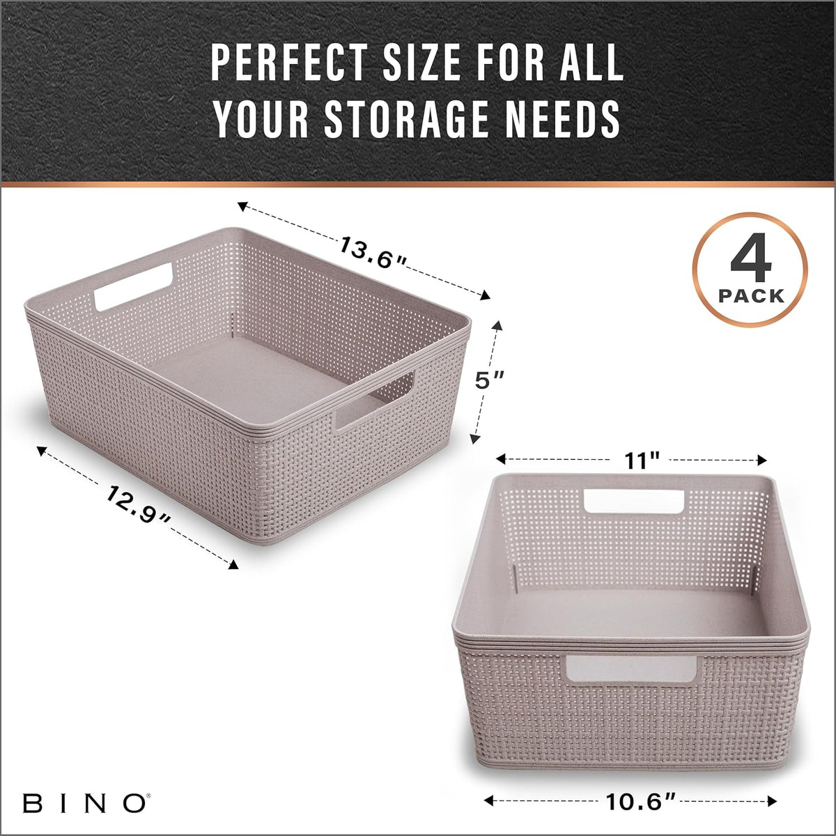 BINO | Woven Plastic Basket | Small (Natural Grey), 4-Pack | THE JUTE COLLECTION | Home