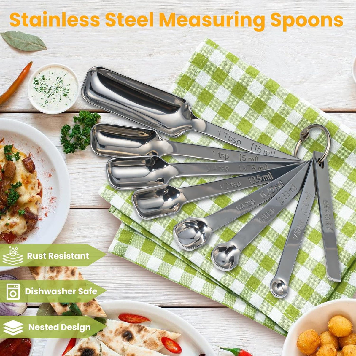 Stainless Steel Measuring Spoons Set of 8, Rectangular Metal Measuring Spoons with Leveler, Compact