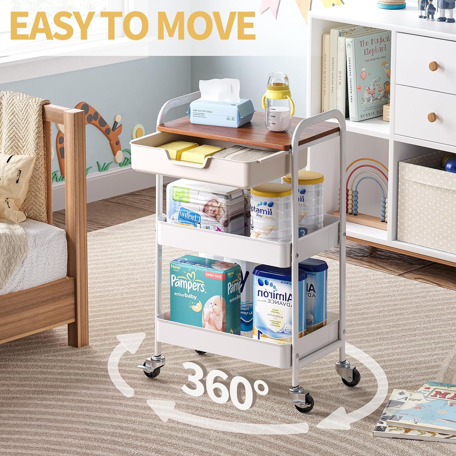 TOOLF 3-Tier Metal Utility Rolling Cart with Drawer & Wooden Table Top, Storage Cart White Trolley