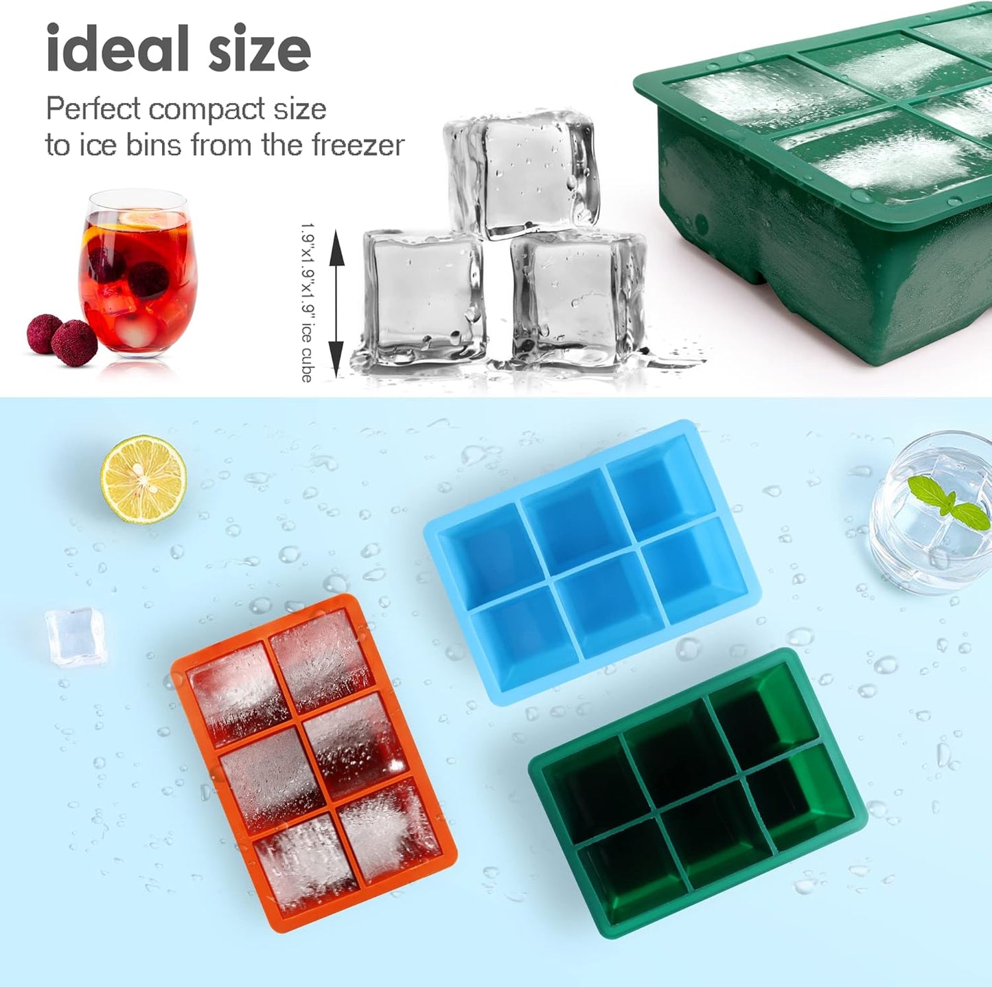 Silicone Ice Cube Trays 3 Pack - Large Size Silicone Ice Cube Molds with Leak Proof Removable Lid