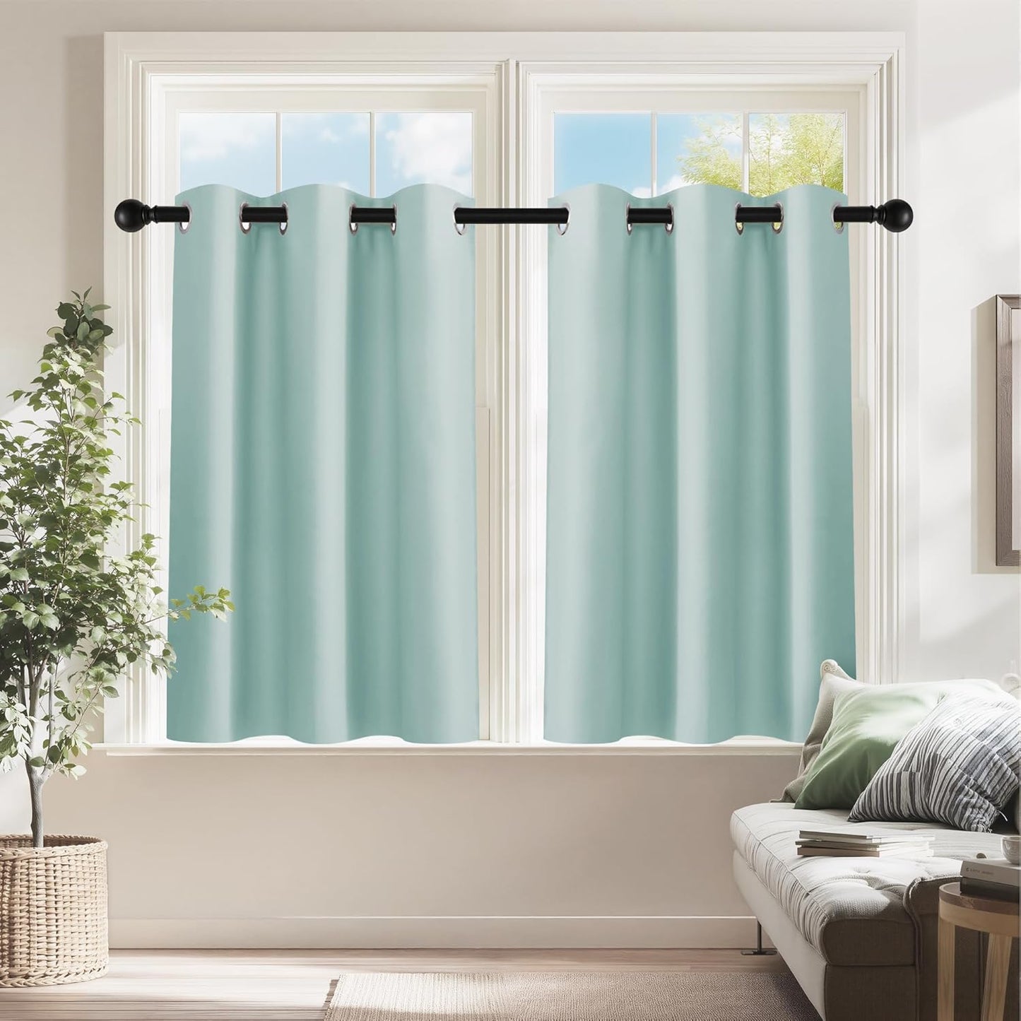PONY DANCE Aqua Short Blackout Curtains 36 inch Length for Kitchen, Privacy Small Black Out Grommet