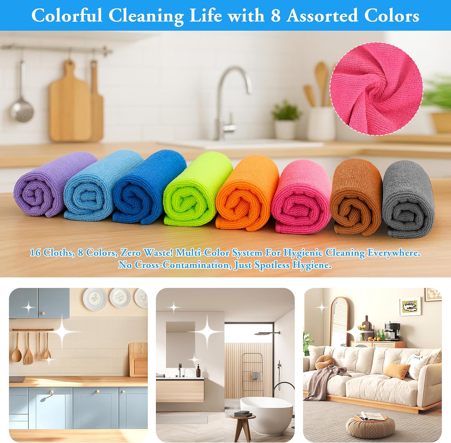 Microfiber Cleaning Cloths 16 Pack 8 Color Cleaning Rags for Housekeeping Home Kitchen Bathroom