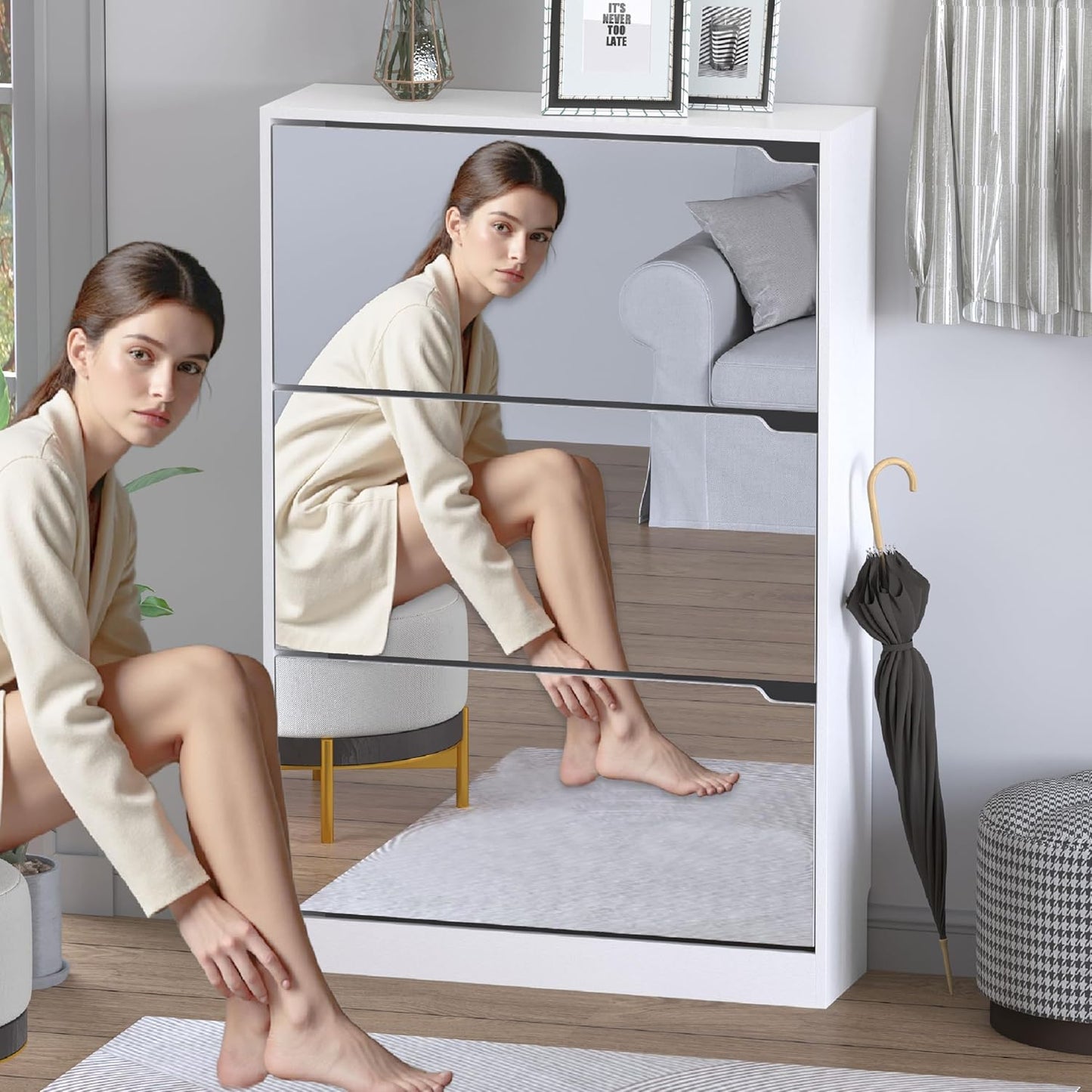 Shoe Cabinet with 3-Flip Mirror Drawers, Freestanding Shoe Rack Organizer with Hidden Handle, Slim