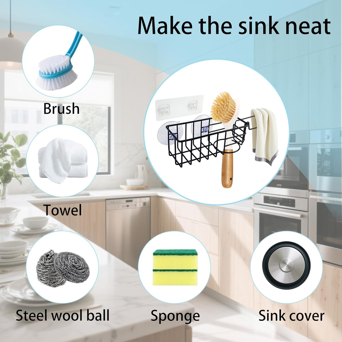 Sponge Holder with Dish Cloth Hanger for Kitchen Sink, In-sink Caddy Organizer with Suction Cups &