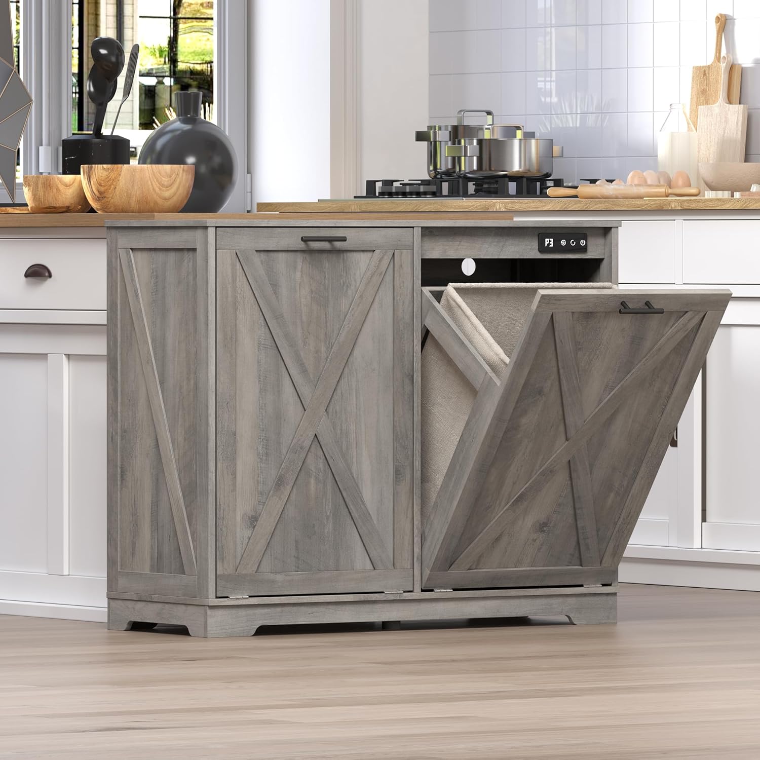 Tilt Out Trash Can Cabinet for 2 Bins, Hidden Recycle Garbage Bin Enclosure, Wooden Double Laundry