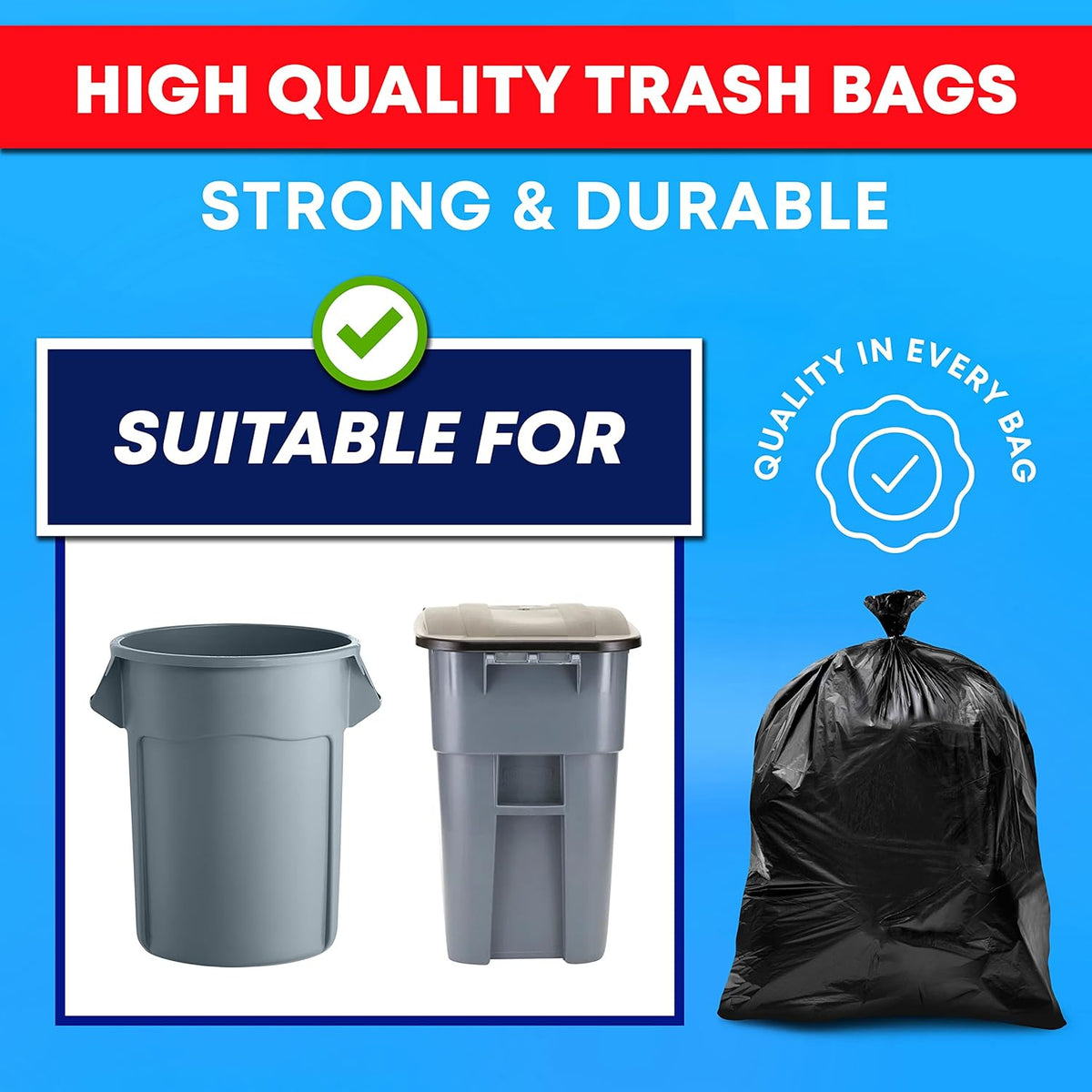 Tasker 65 Gallon Trash Bags Heavy Duty | 120 Count | Extra Large 64 Gallon Trash Bags for Toter |