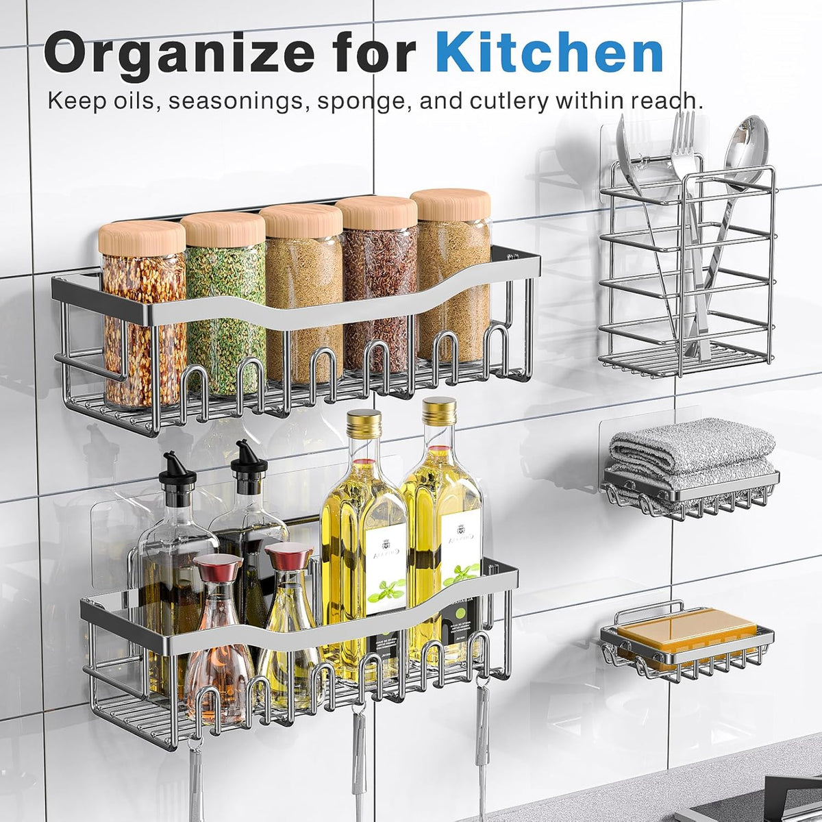 EUDELE 5-Pack Rustproof Stainless Steel Shower Caddy – No Drill Adhesive Bathroom Organizer with