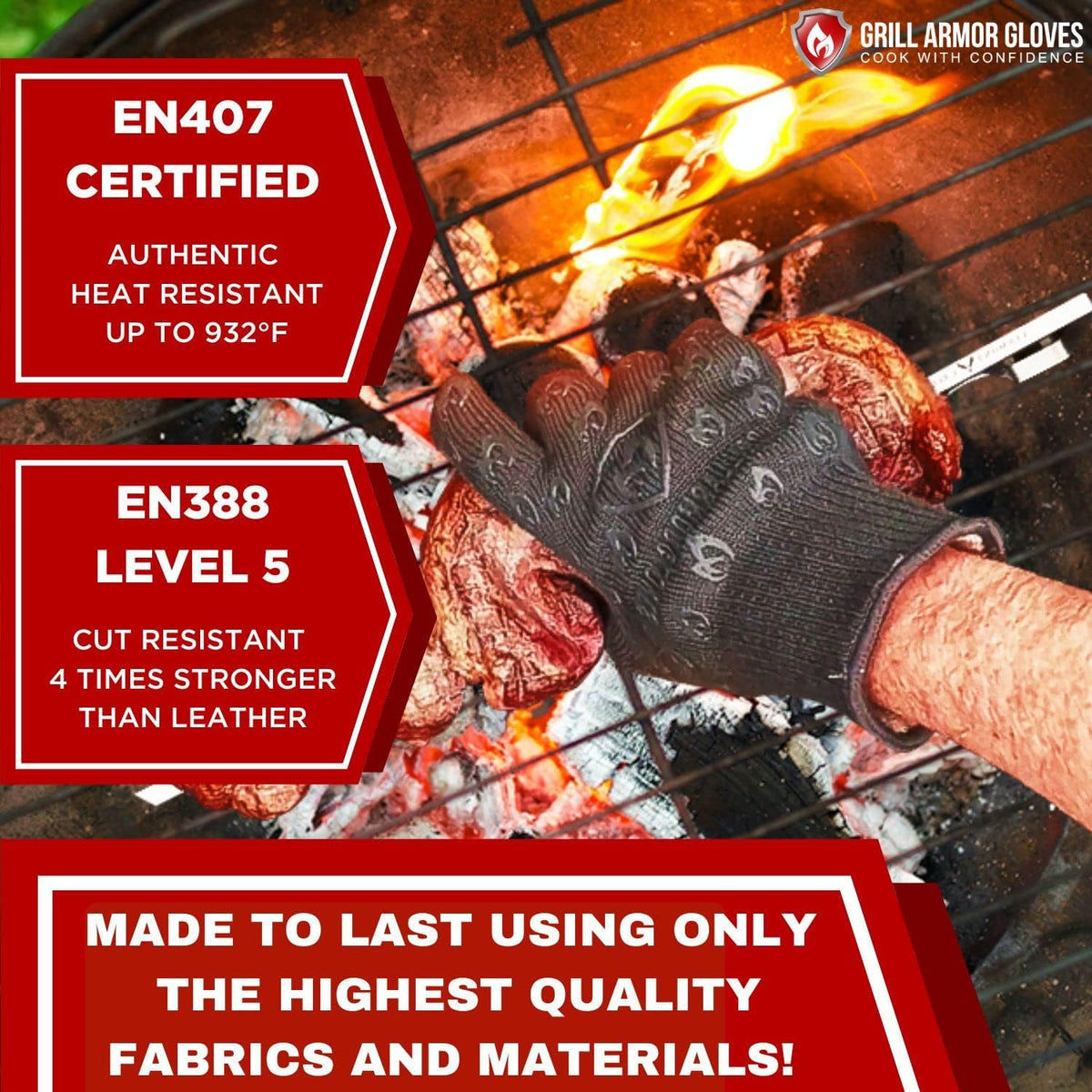 Grill Armor Oven Gloves 932°F Extreme Heat & Cut Resistant Oven Mitts with Fingers for BBQ
