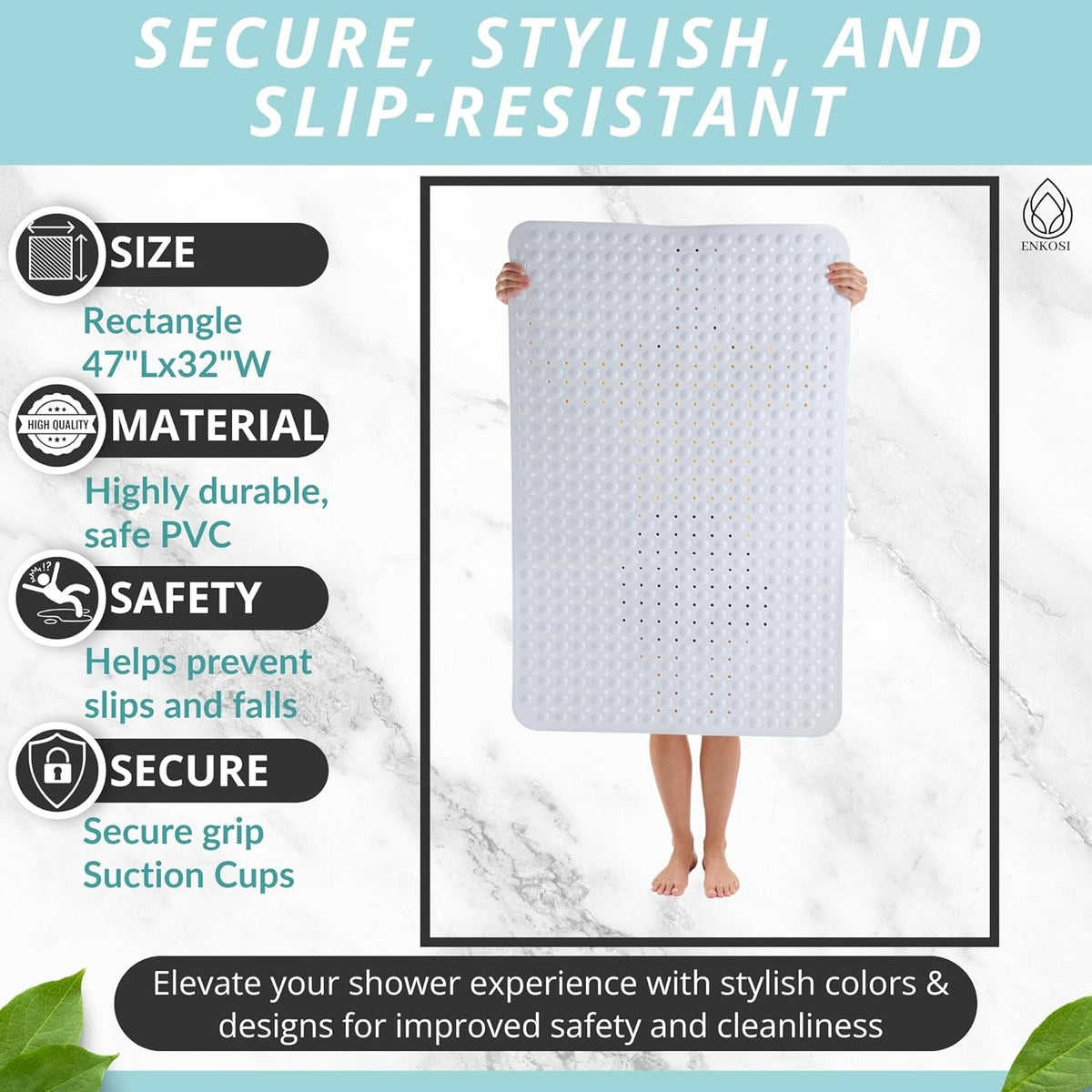 ENKOSI Extra Large Shower Mat Non Slip - 47 x 32 inch - XL Bathroom Shower Mat - Large Shower Matts