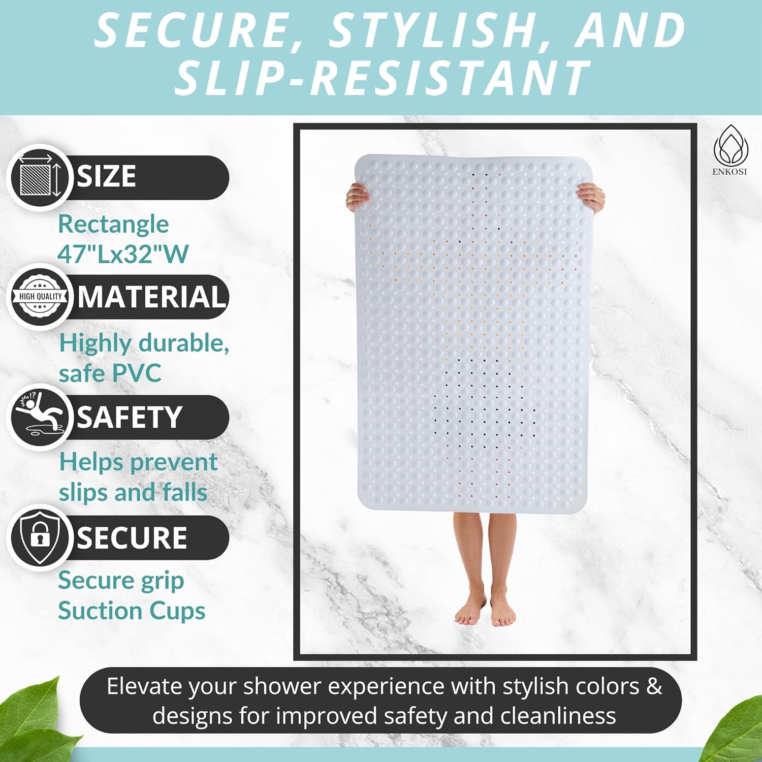 ENKOSI Extra Large Shower Mat Non Slip - 47 x 32 inch - XL Bathroom Shower Mat - Large Shower Matts