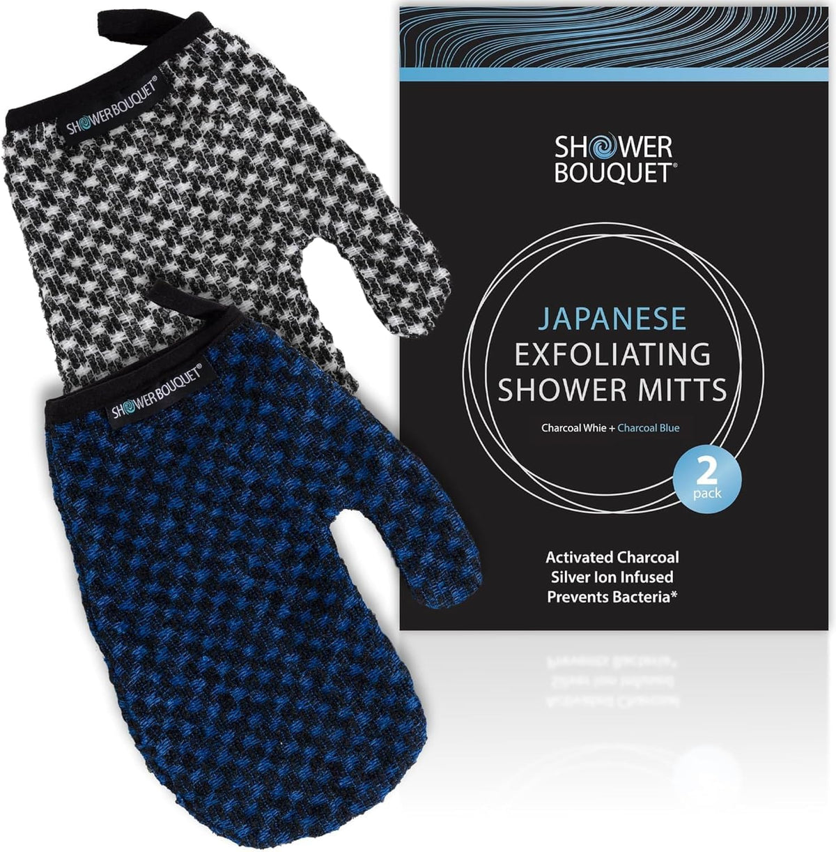 Japanese Exfoliating Mitt 2-Pack - Charcoal & Silver Ion Exfoliating Gloves for Shower - Soft Inner