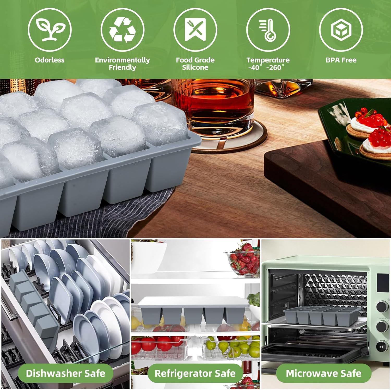 Silicone Ice Cube Tray, 2 Pack Easy-Release Stackable Ice Trays for Freezer with Lid 15 Reusable