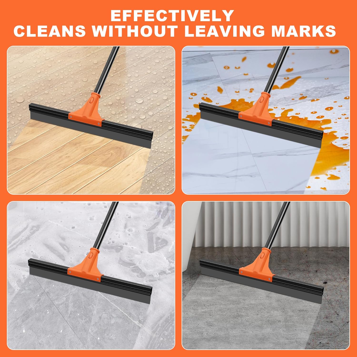 JEHONN Floor Squeegee Heavy Duty with 58.3 inches Long Handle, Rubber Scraper Broom for Cleaning