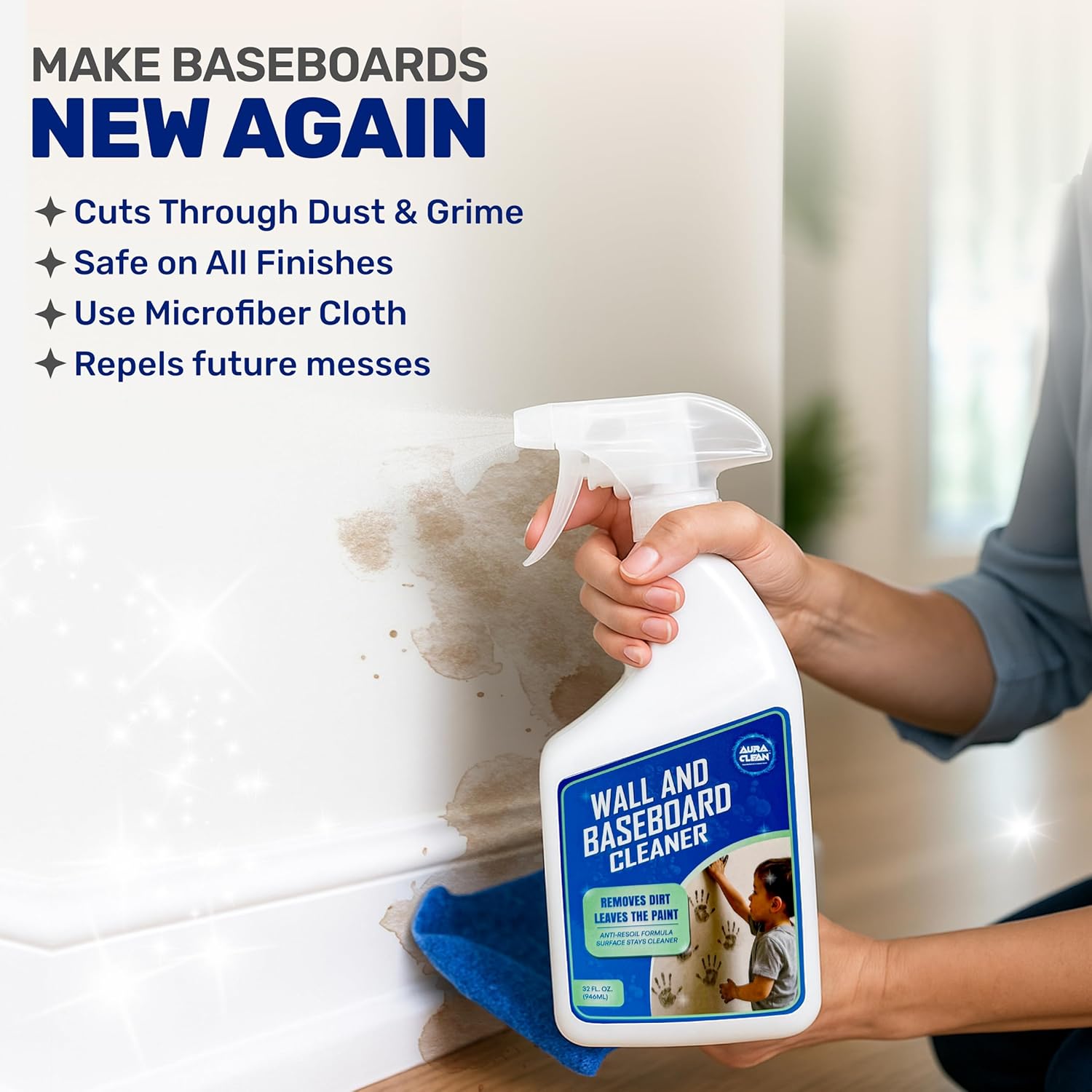 Wall & Baseboard Cleaner - Safe for Painted Walls & Trim | Eco-Friendly, No-Rinse, Kid & Pet-Safe |