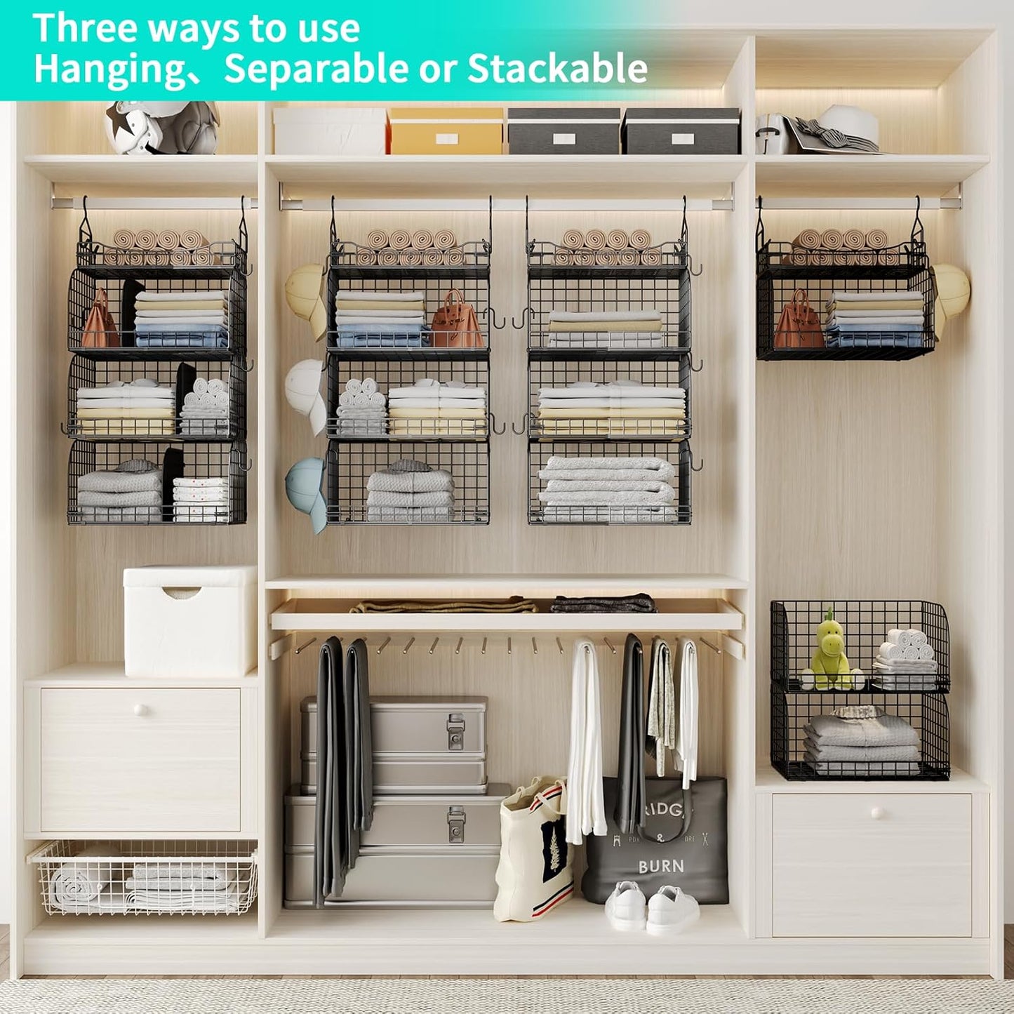 HapiRm Hanging Closet Organizer Storage - 4 Tier Metal Stackable Hanging Closet Shelves with