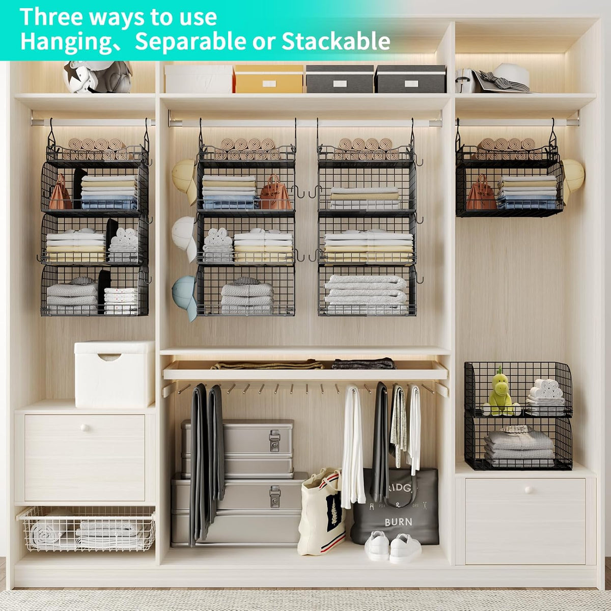 HapiRm Hanging Closet Organizer Storage - 4 Tier Metal Stackable Hanging Closet Shelves with