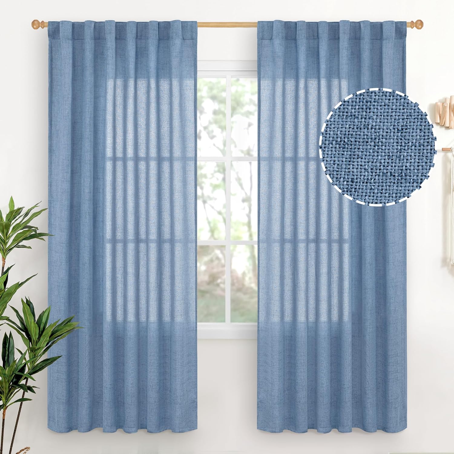 YoungsTex Denim Blue Linen Curtains 72 Inch Length for Living Room - Light Filtering Semi Sheer