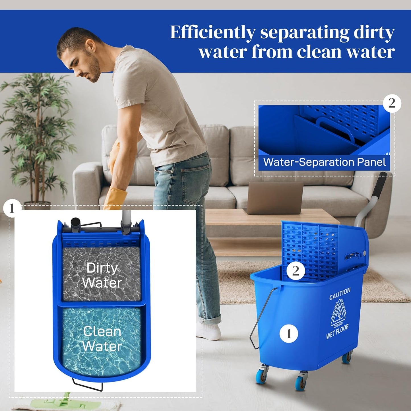 HOMCOM Compact Mop Bucket with Wringer on Wheels for Floor Cleaning, 21 Quart, Separate Dirty and