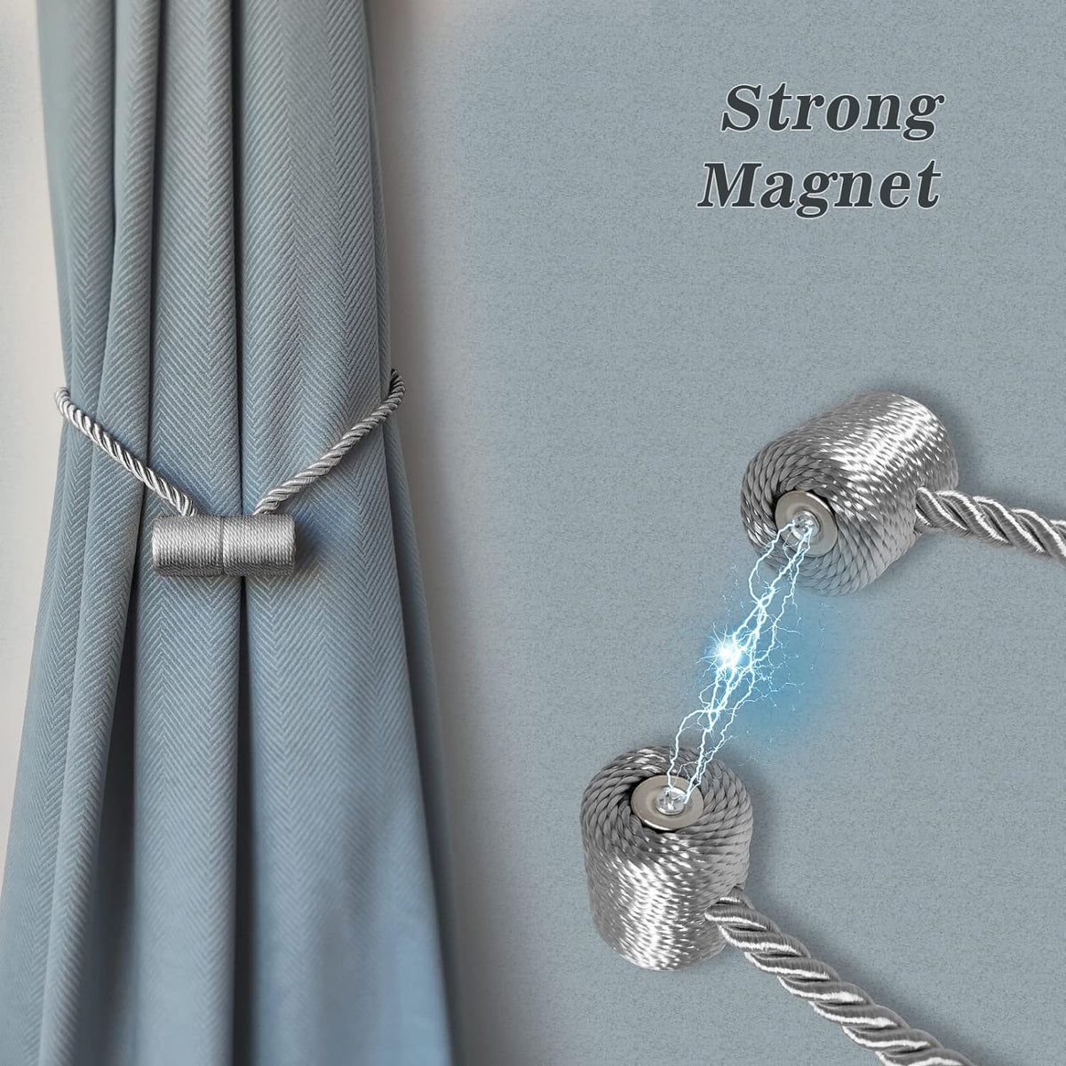 Hion Magnetic Curtain Tiebacks Grey 2pcs, Curtain Tiebacks Buckles Holdbacks Holders Hooks Clip for