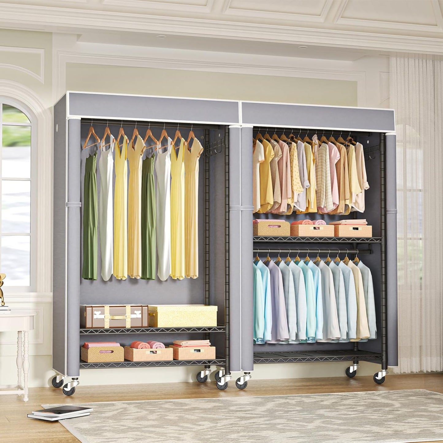 FUTASSI Black Clothing Rack with Grey Cover, P1C Rolling Closets with Wheels, Metal Garment Rack