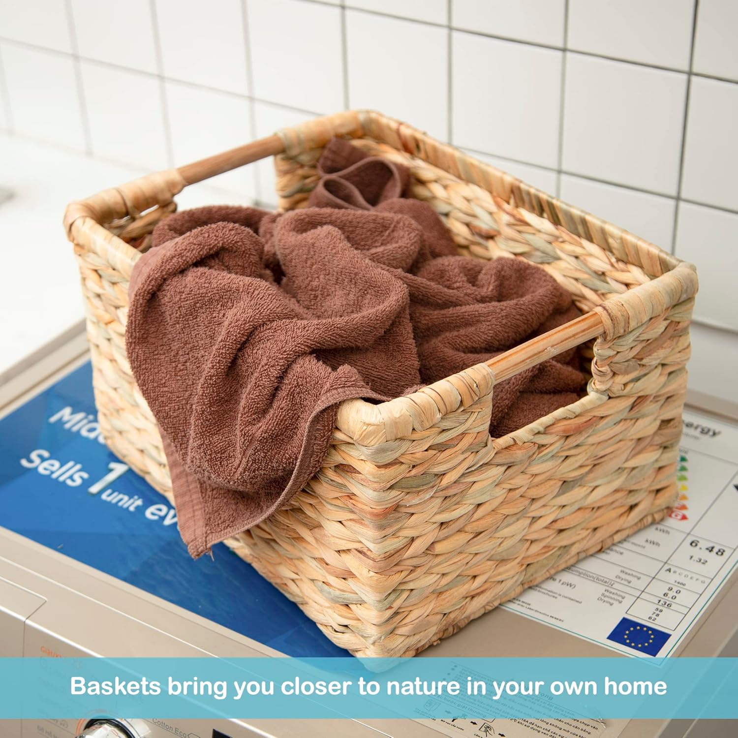 VATIMA Large Rectangular Wicker Basket with Wooden Handles for Shelves and Storage - Natural Water