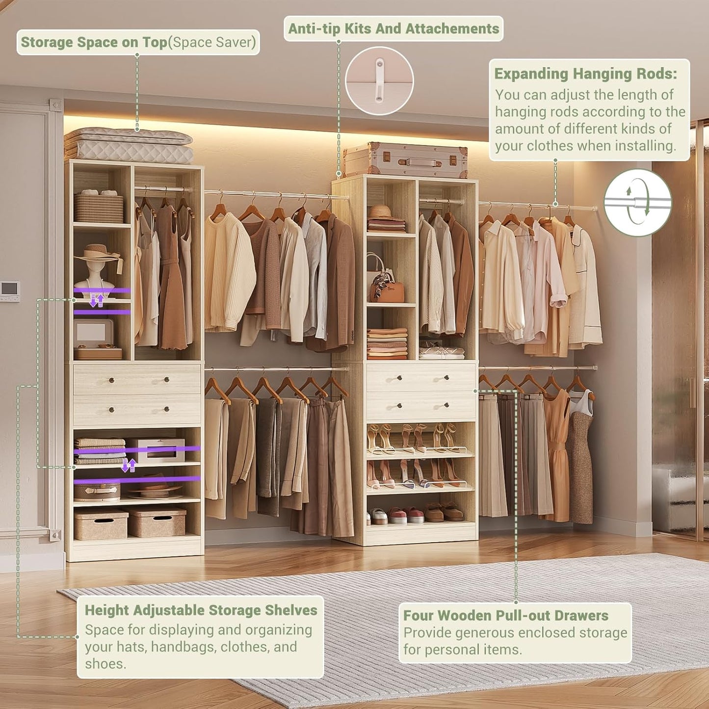 Closet System, Up to 134"/11.2 FT Closet Organizer with 4 Wooden Drawers and Shelves, Walk-in