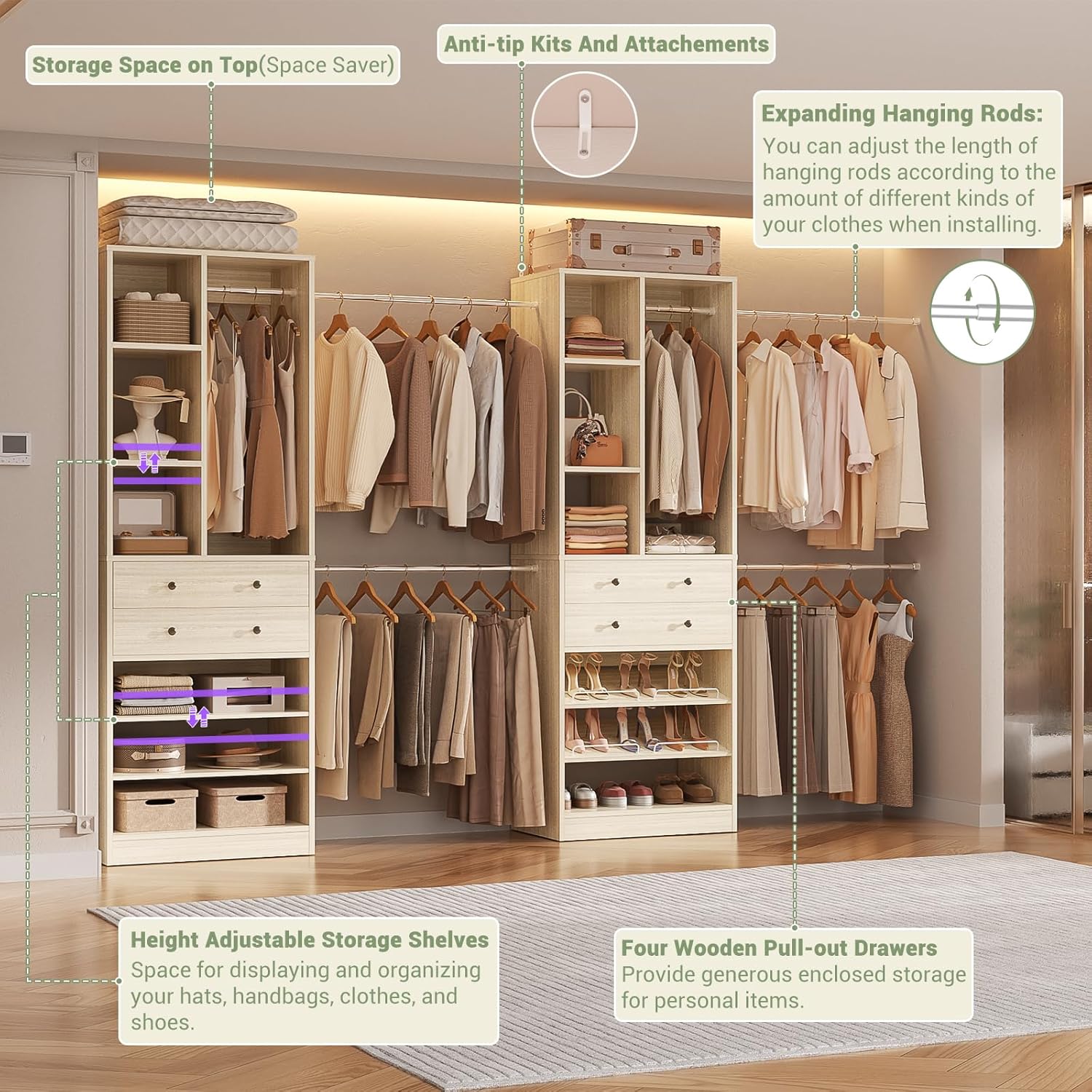 Closet System, Up to 134"/11.2 FT Closet Organizer with 4 Wooden Drawers and Shelves, Walk-in