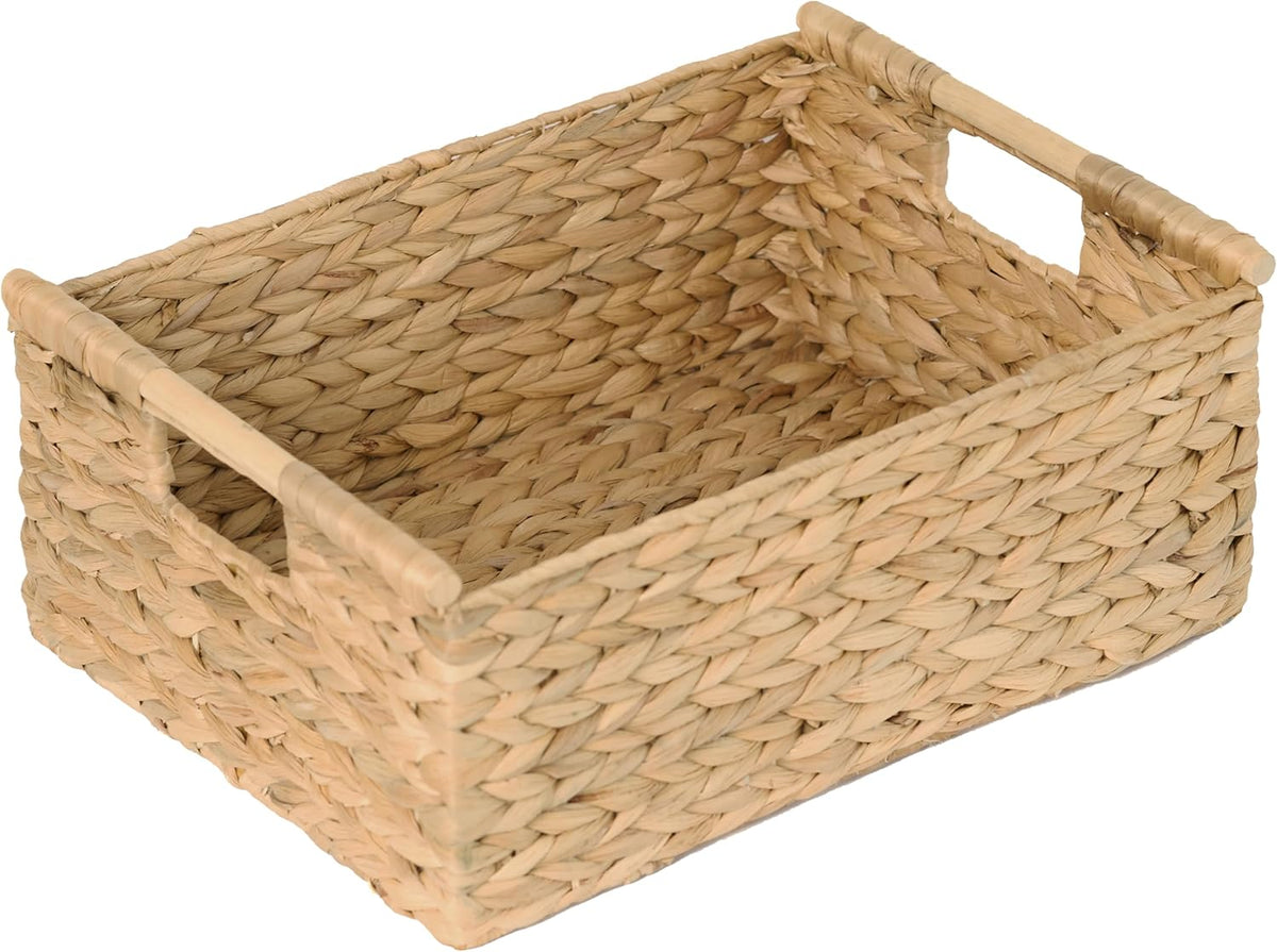VATIMA Extra Large Wicker Basket Rectangular with Wooden Handles for Shelves, Water Hyacinth Basket