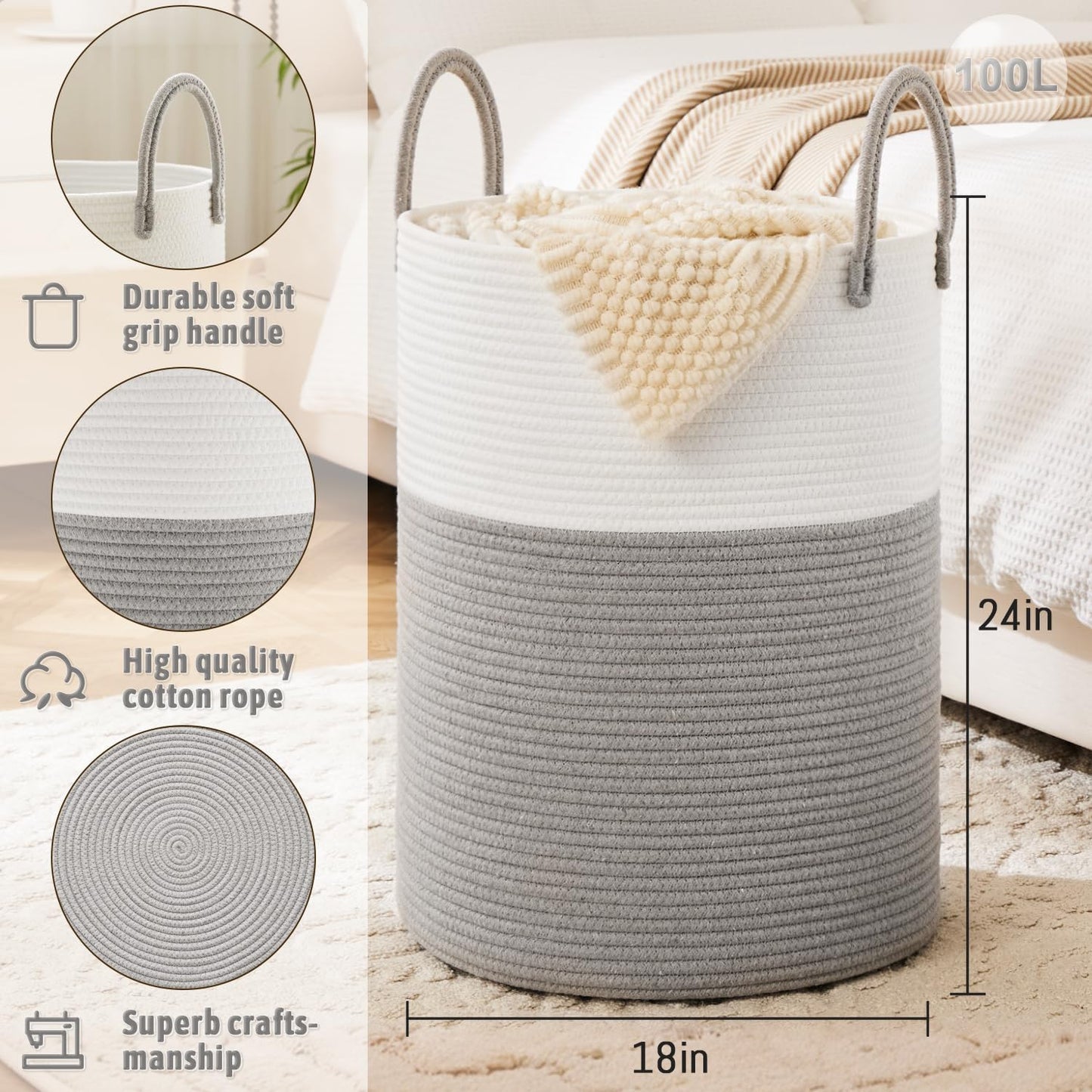 Laundry Basket,Woven Cotton Rope Laundry Hamper,100L for Decorative Storage of Dirty Clothes,Toys