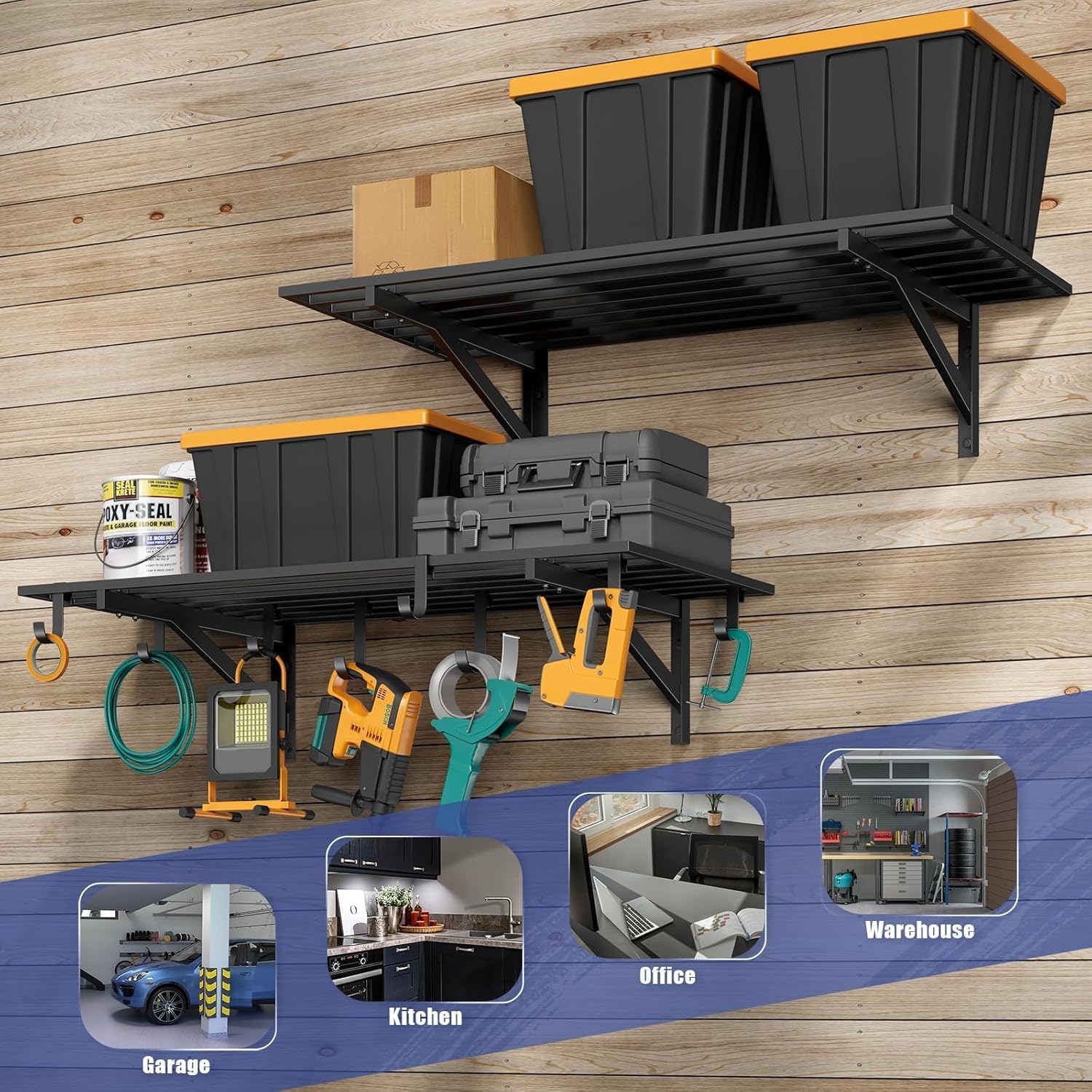 2-Pack 2x4ft Garage Shelving Wall Mounted, 2' x 4' Heavy Duty Garage Storage Shelves with Hooks