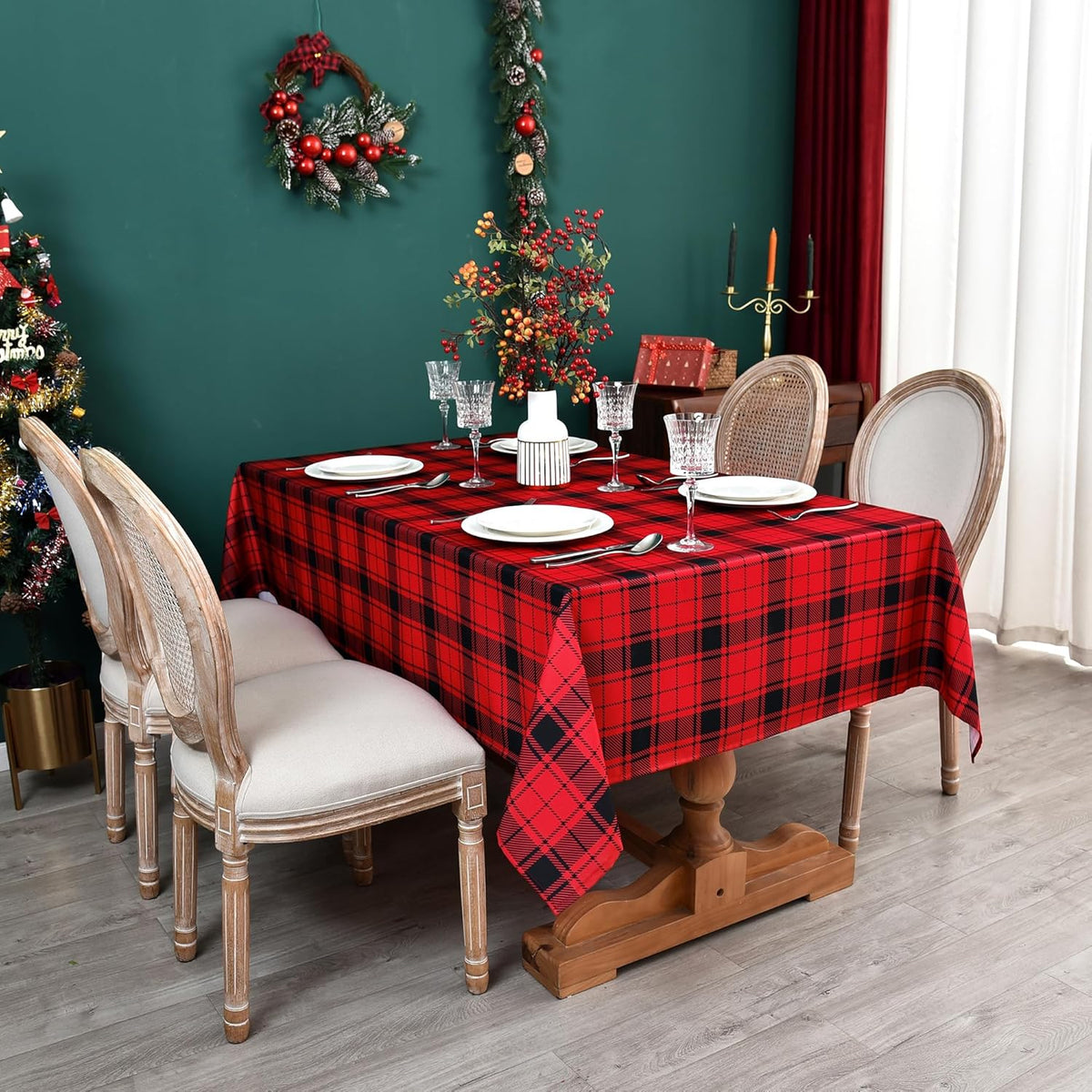 Waterproof Checkered Tablecloth Fabric - Rectangle 58x84 Inch Christmas Plaid Table Cloth for
