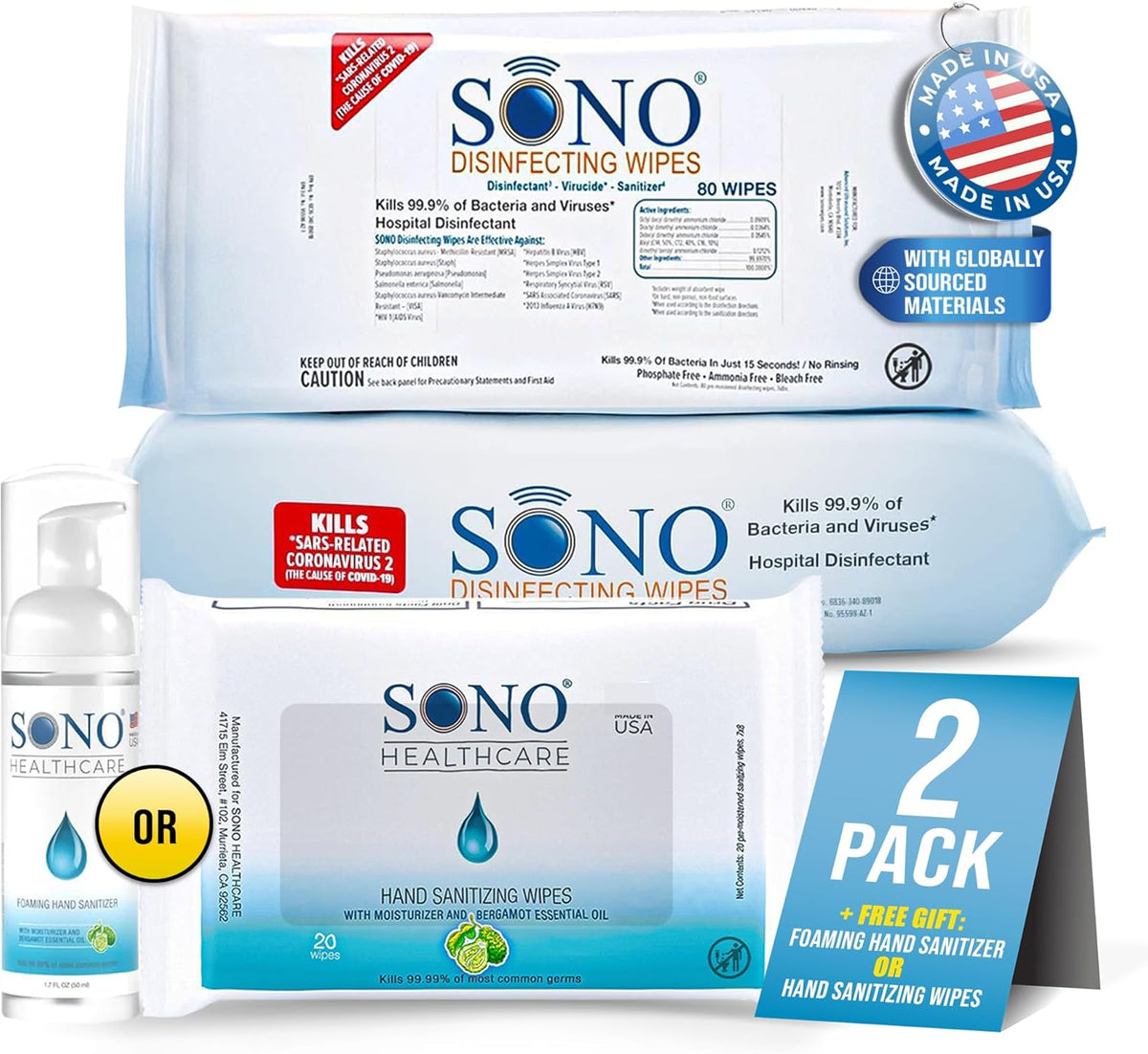SONO Disinfecting Wipes - 160 Count (Pack of 2) + Sanitizer, Medical-Grade, Alcohol-Free, No