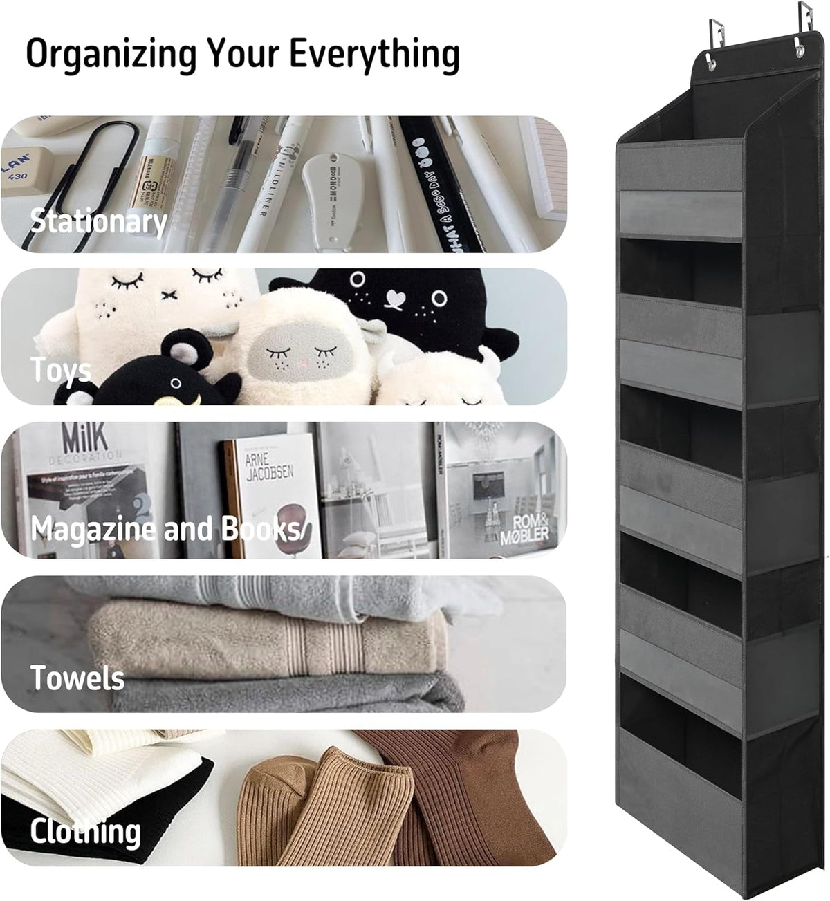 Over Door Organizer with 5 Large Pockets, Heavy Duty Hanging Organizer Storage, Closet Bathroom