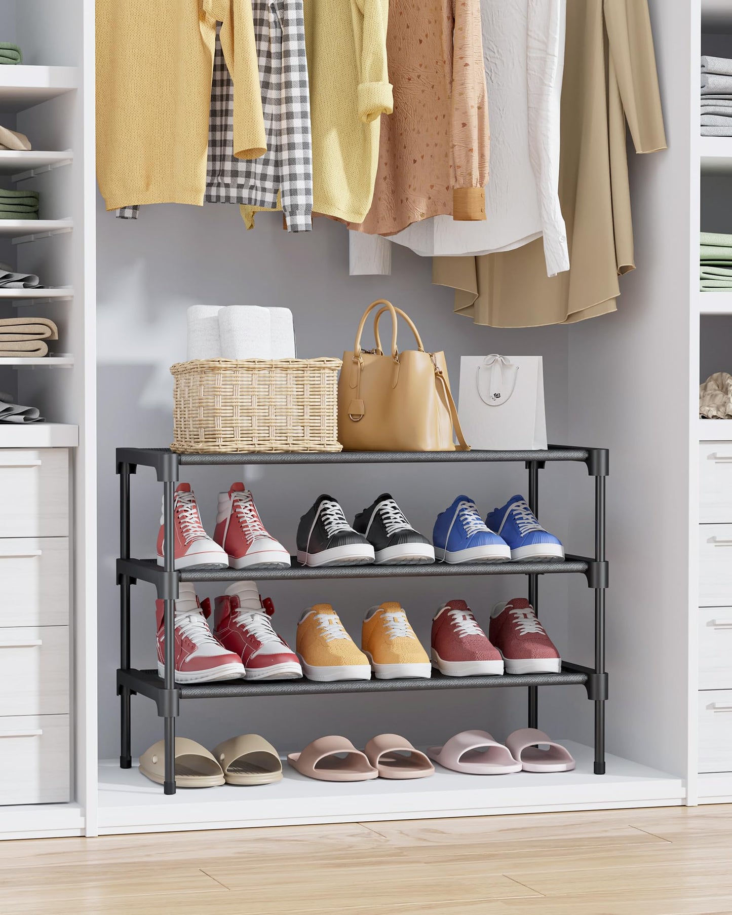 Kitsure Shoe Rack - Non-Woven Shoe Rack Shelf, 27.5" Wide - 3 Tier, Black